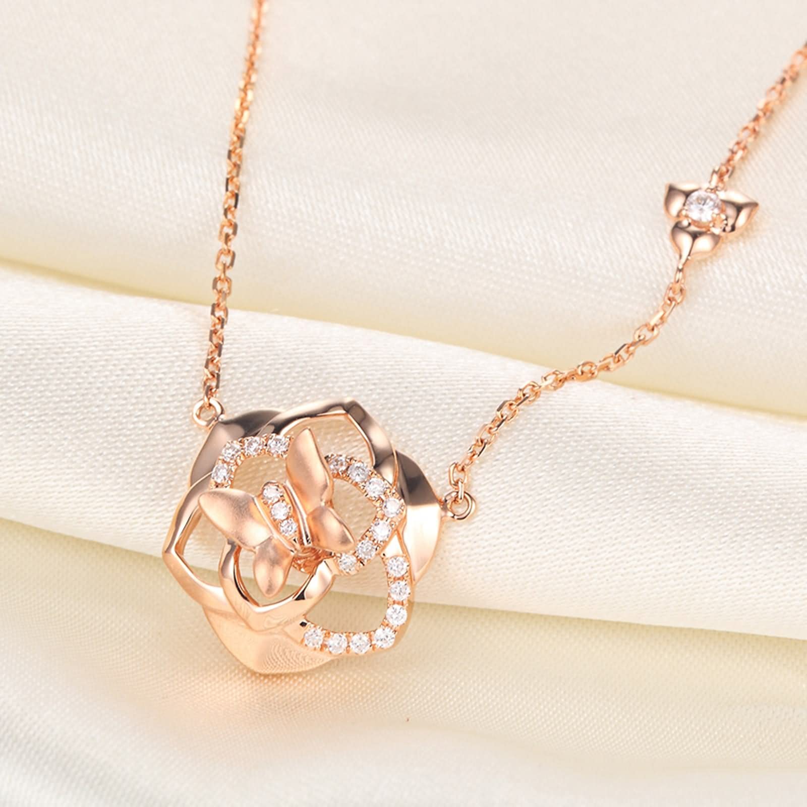 Collar de Oro Rosa, Collares con Colgante de Oro Rosa de 18 Quilates con Flores para Mujeres y niñas, Regalo para el día de la Madre/día de San Valentín, Oro Rosa