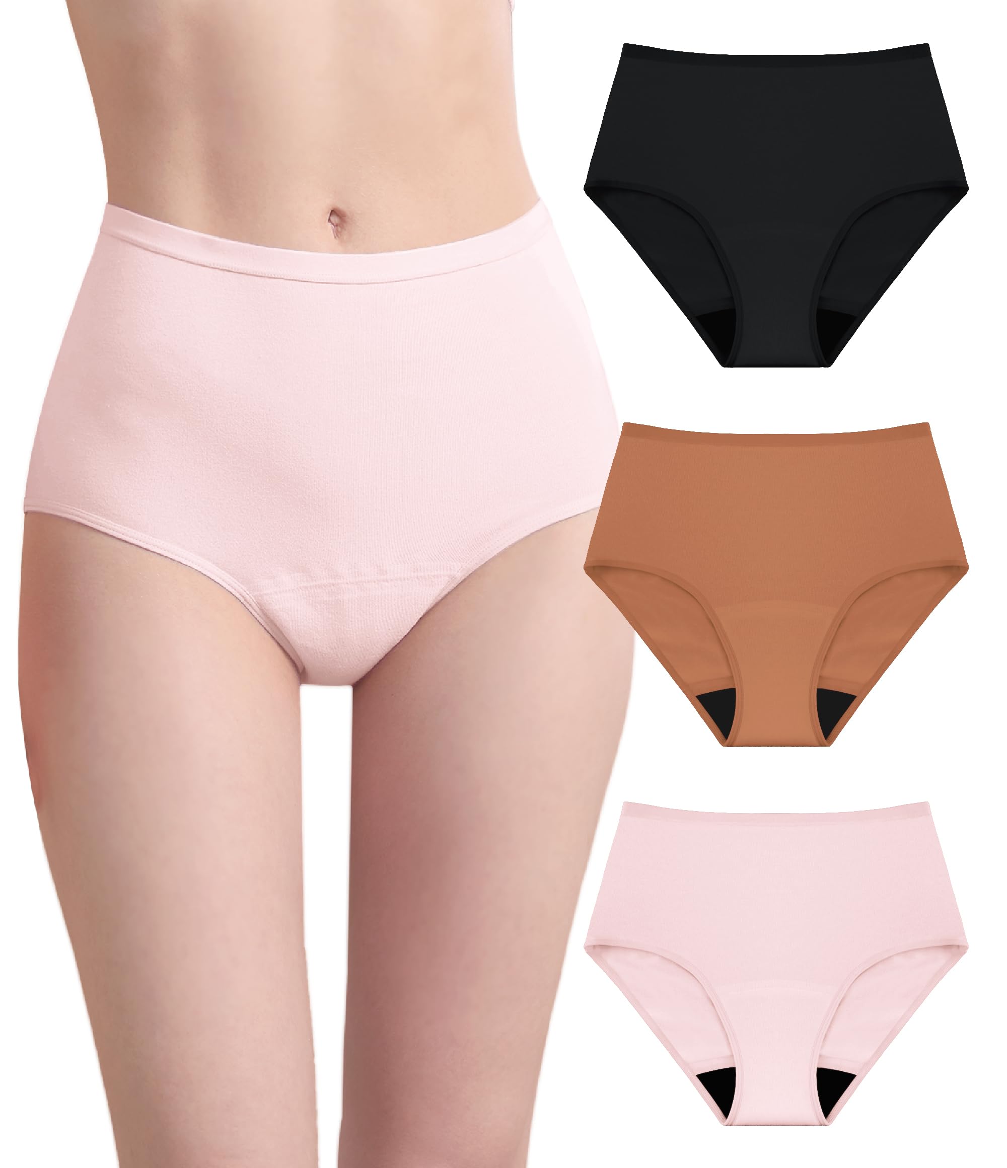 IRISMORII Womens Washable Incontinence Underwear Bladder Leak Proof Odor Control Briefs 56 ml Absorbency Panties 3 Pack (Black-Brown-Pink, XL)