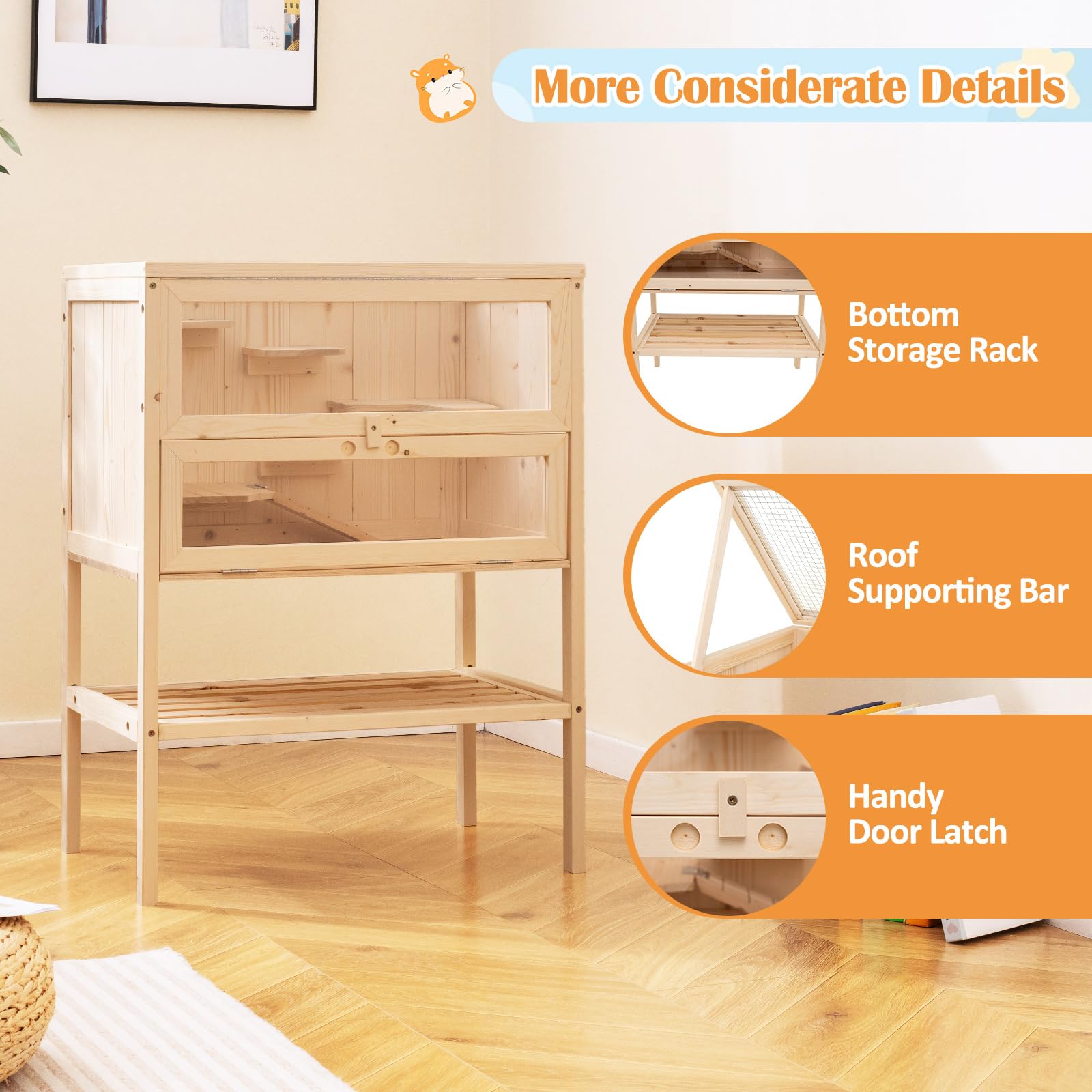 COSTWAY Jaula para Hámster de Madera, Hábitat con Techo Abatible de Malla, Puerta de Acrílico Bloqueable, Estante Inferior, Escaleras y Plataformas, Espacio Amplio para Animales Pequeños, Interior