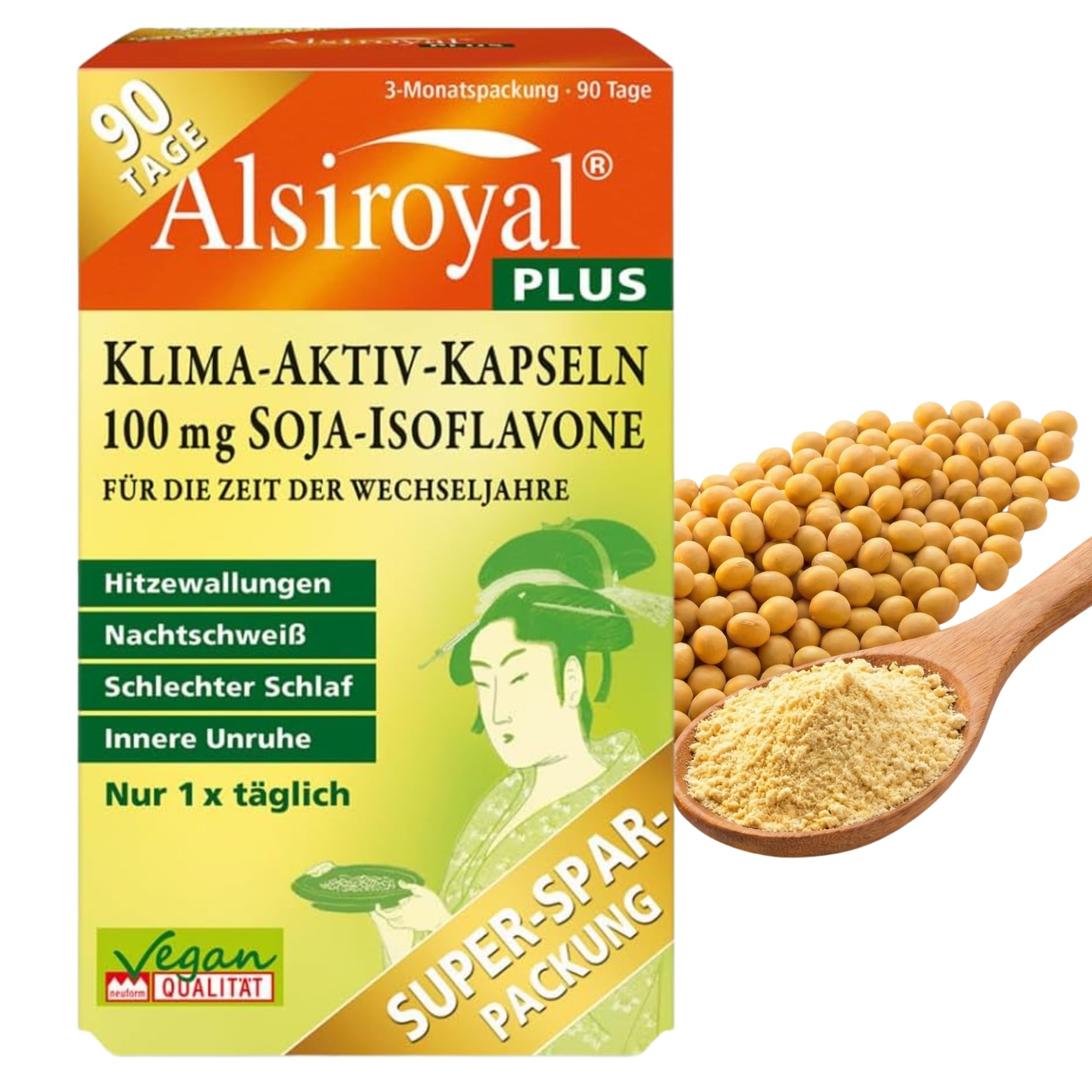 Alsiroyal PLUS Klima-Aktiv-Kapseln · eigene klinische Studie · Wechseljahre · 100 mg Soja-Isoflavone hochdosiert · 20 Mikronährstoffe · Bei Hitzewallungen, Nachtschweiß, schlechtem Schlaf