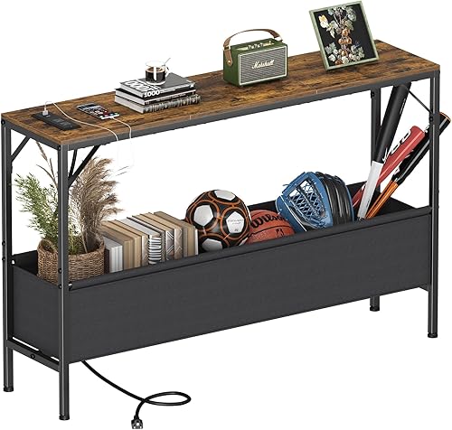 Mesa consola con estación de carga y cesta de almacenamiento, 47.2 pulgadas, mesa detrás del sofá con tomas de corriente, puertos USB, mesa de