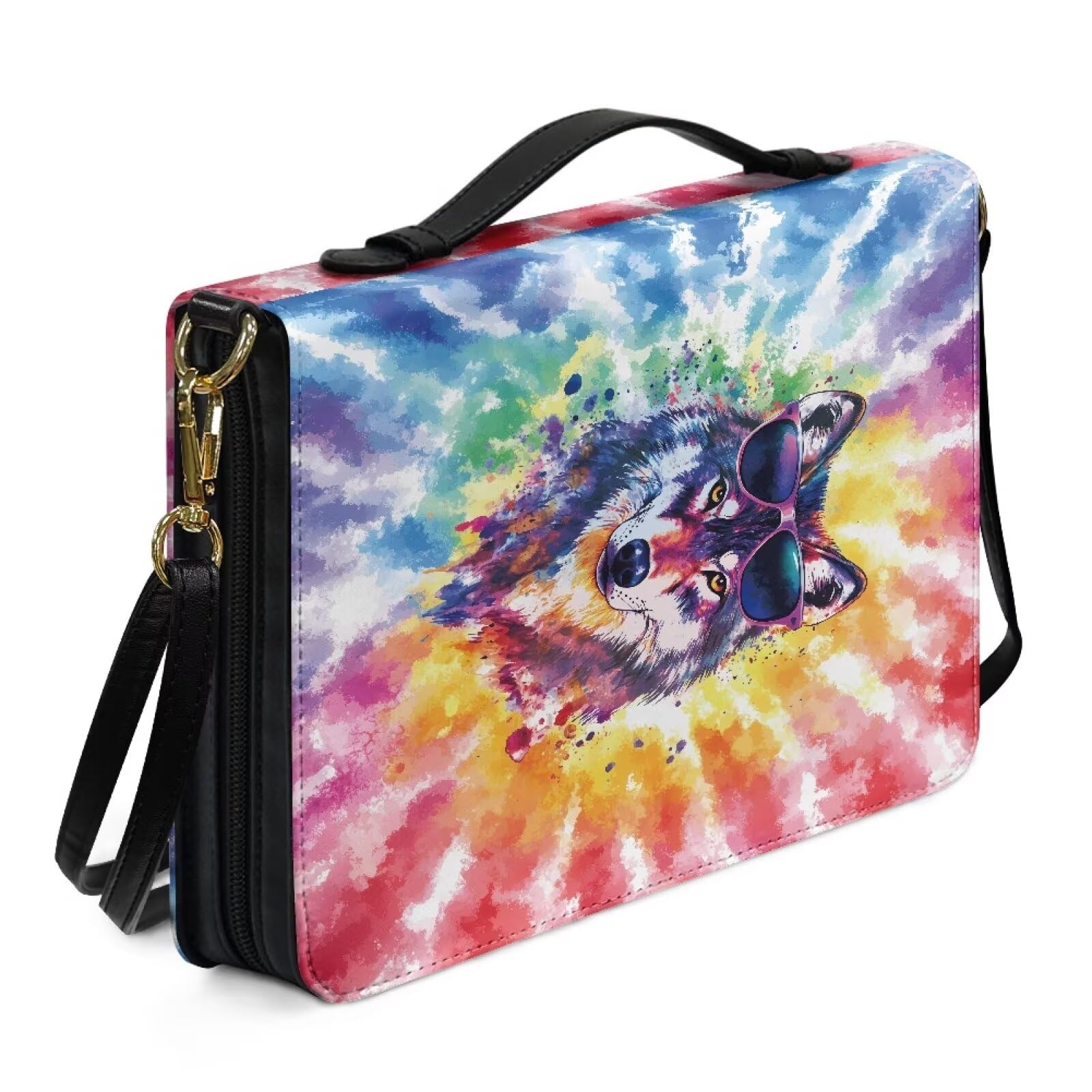 Kuiaobaty Watercolor Wolf Pattern Bible Protective Bag with Shoulder Strap, Rainbow Tie-Dye Print Faux Leather Book Case Christian Gift for Men Women — image 1