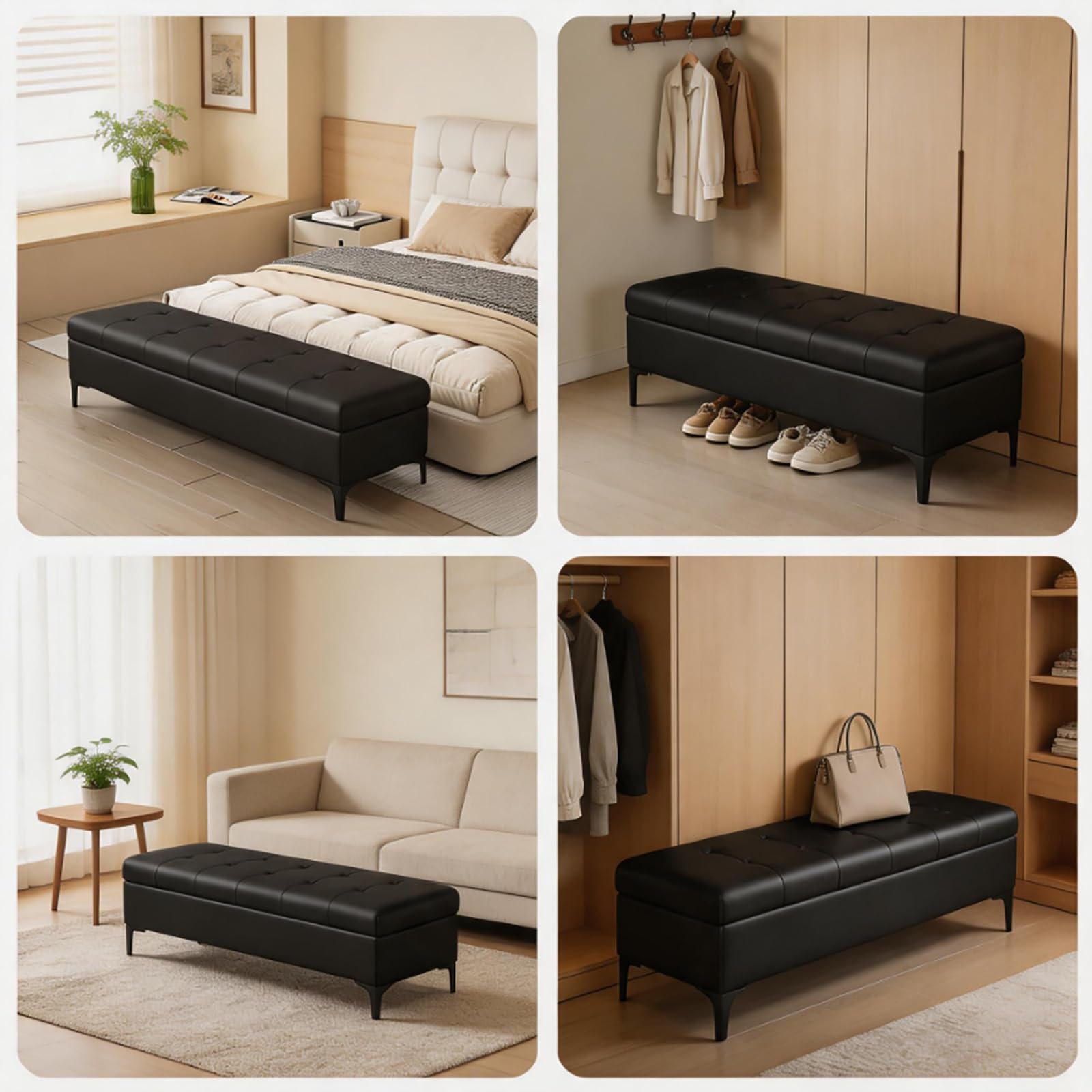 Sitzbank mit Stauraum Truhe gepolstert Bettbank mit Klappdeckel Sitzhocker stabil für Schlafzimmer Flur Wohnzimmer Polsterbank Aufbewahrungsbox aus Leder mit Metallbeinen(C,100cm/39.4in)