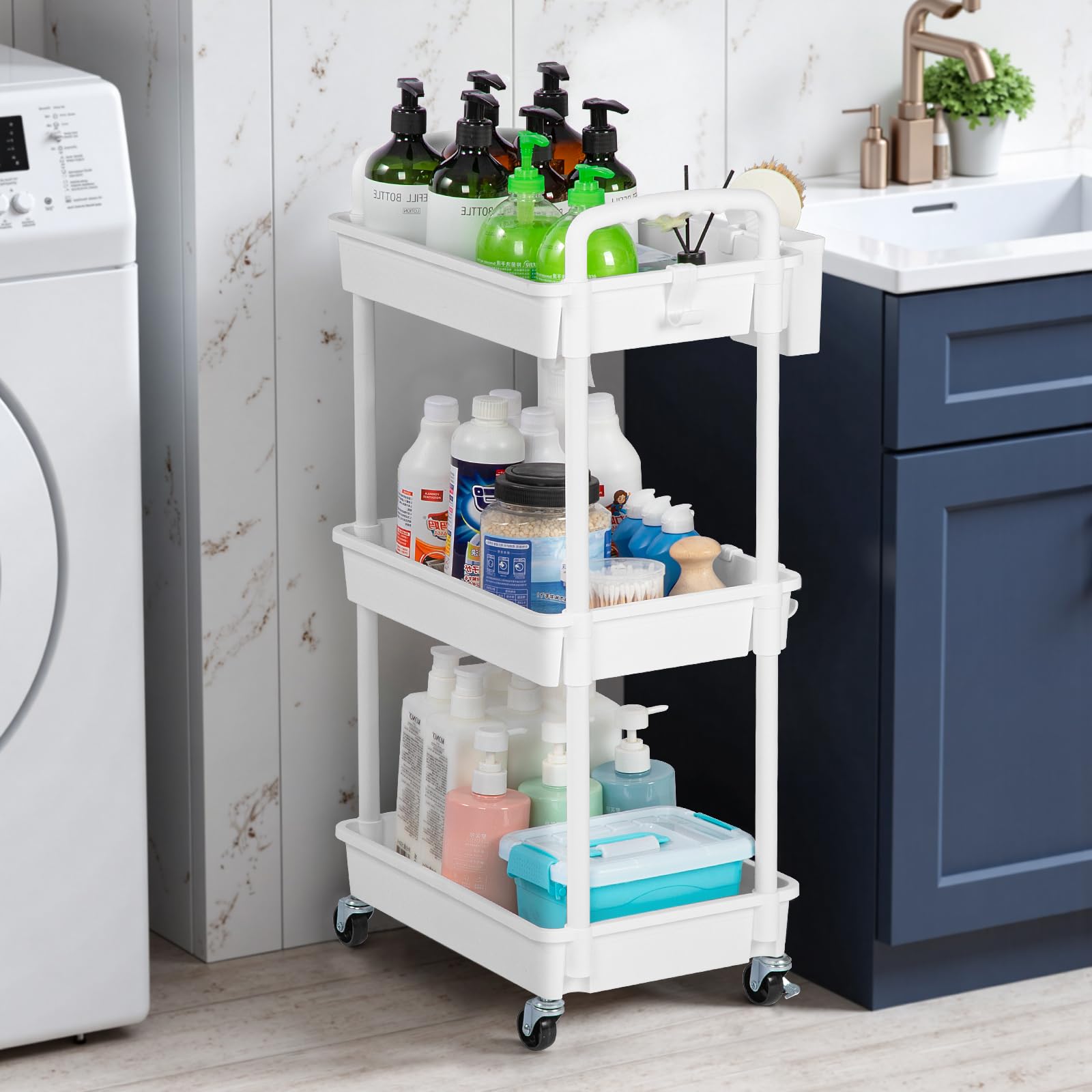 FoiiLiio Carrello Cucina a 3 Ripiani,Carrello portaoggetti,Carrellino con Ruote Portatutto con 2 Piccoli Organizzatori,Stoccaggio Carrello,Portaoggetti Multifunzionale per Bagno,Ufficio,Bianca