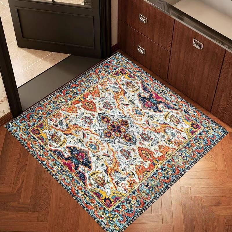 Tapis carré 110x110 cm lavable et antidérapant au motif rétro floral orange