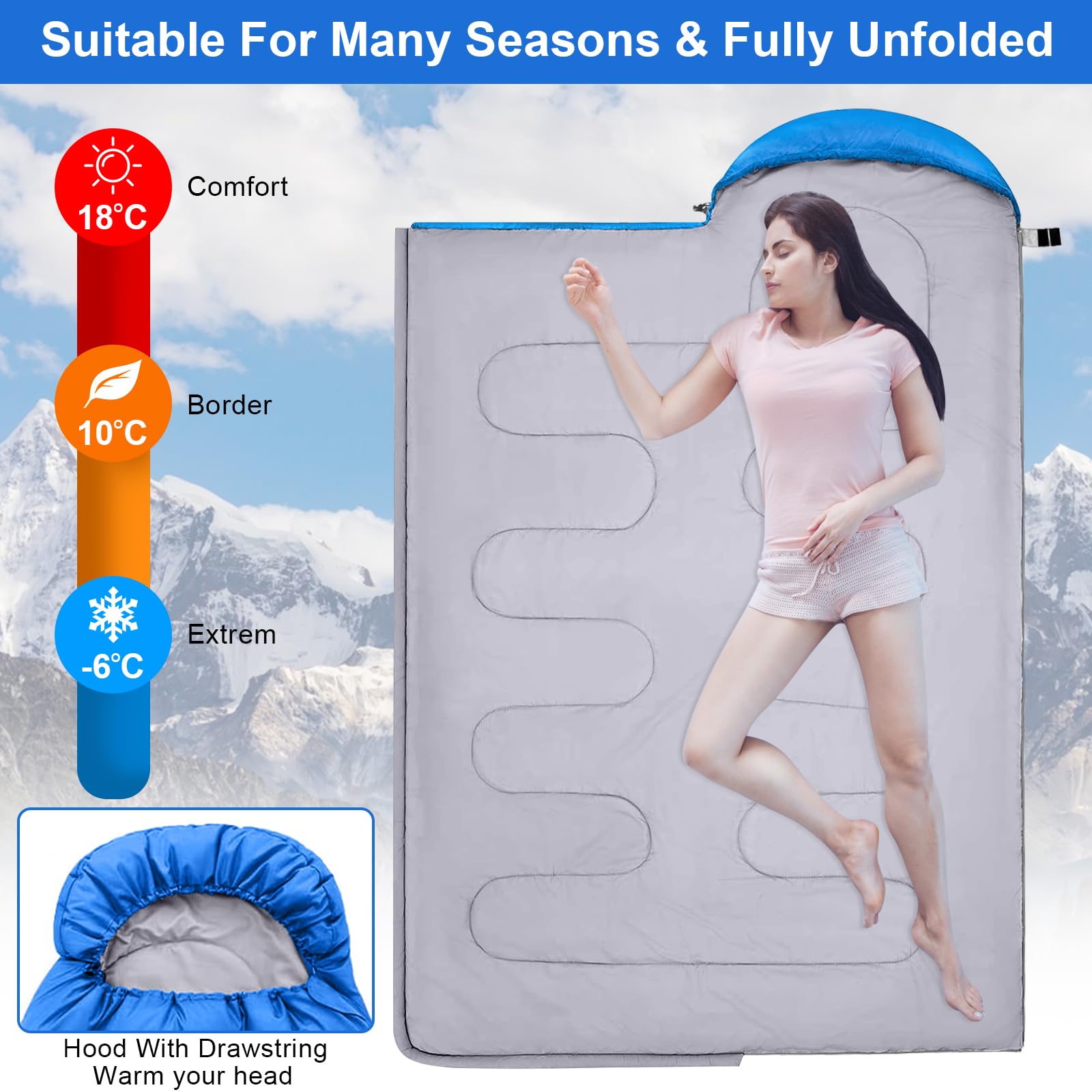 Saco De dormir Adulto Ultraligero Compacto y Impermeable, Sacos de Dormir 4 Estaciones, Adecuado para Acampar, Senderismo, Se Puede Usar como Colcha