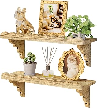 QsQueen Scalloped Wood Wall Shelf 17 Inch Floating Shelf with Wood Brackets, Easy to Install Rustic Wall Shelf for Living Room, Bedroom, Bathroom, or Any Space - Light Brown
