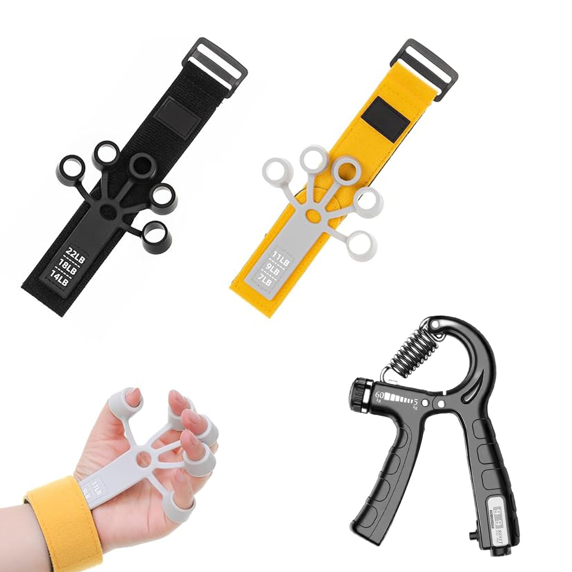3 Pack Grip Strength Trainer Kit with 2 Finger Exercisers & Silicone Hand Grip Strengthener for Muscle Building