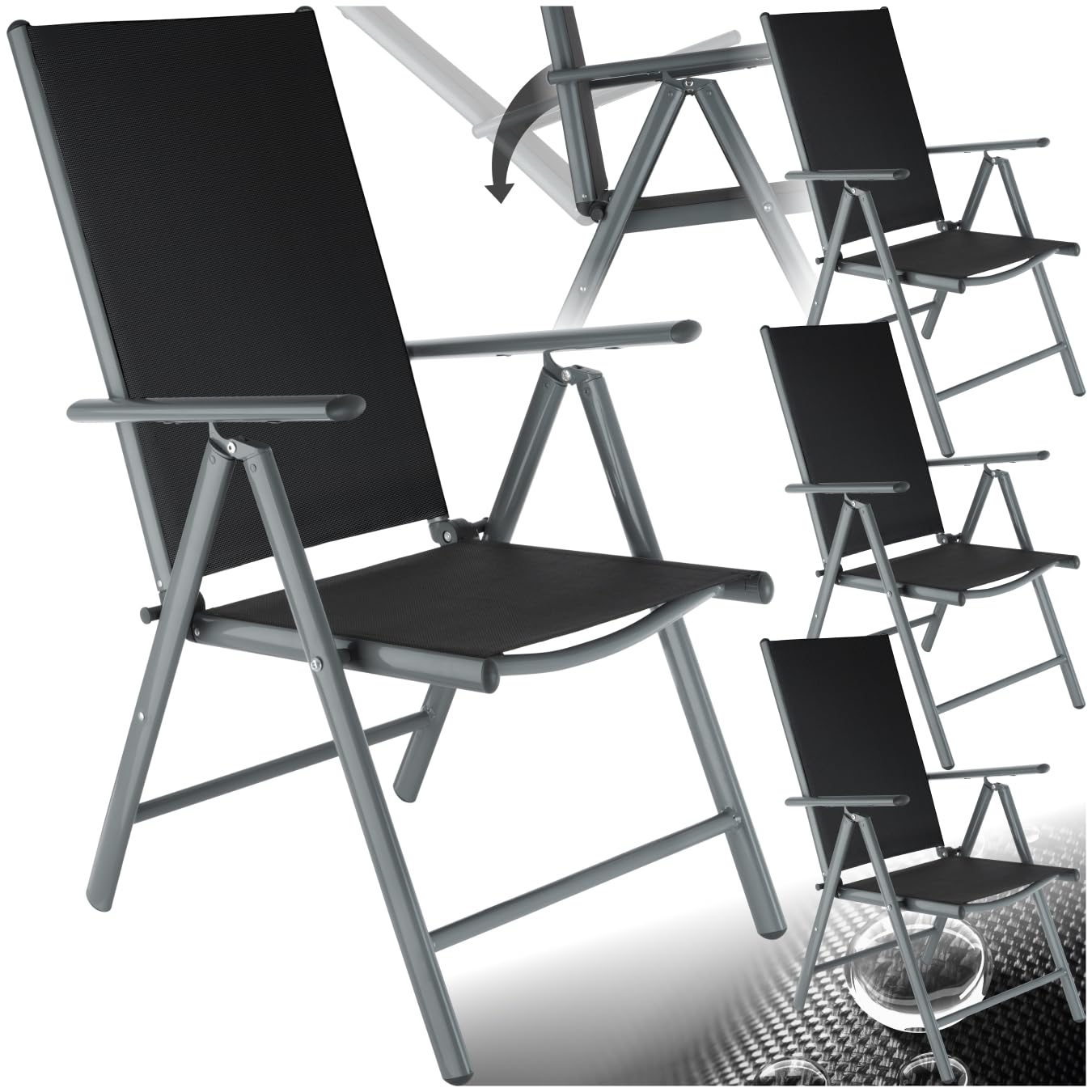TecTake® Conjunto de 4 Sillas Jardín Exterior de Aluminio, con Ruedas y Respaldo Regulable, Conjunto Sillas Terraza Resistentes a la Intemperie, Malla Transpirable, Fácil Limpieza - Antracita