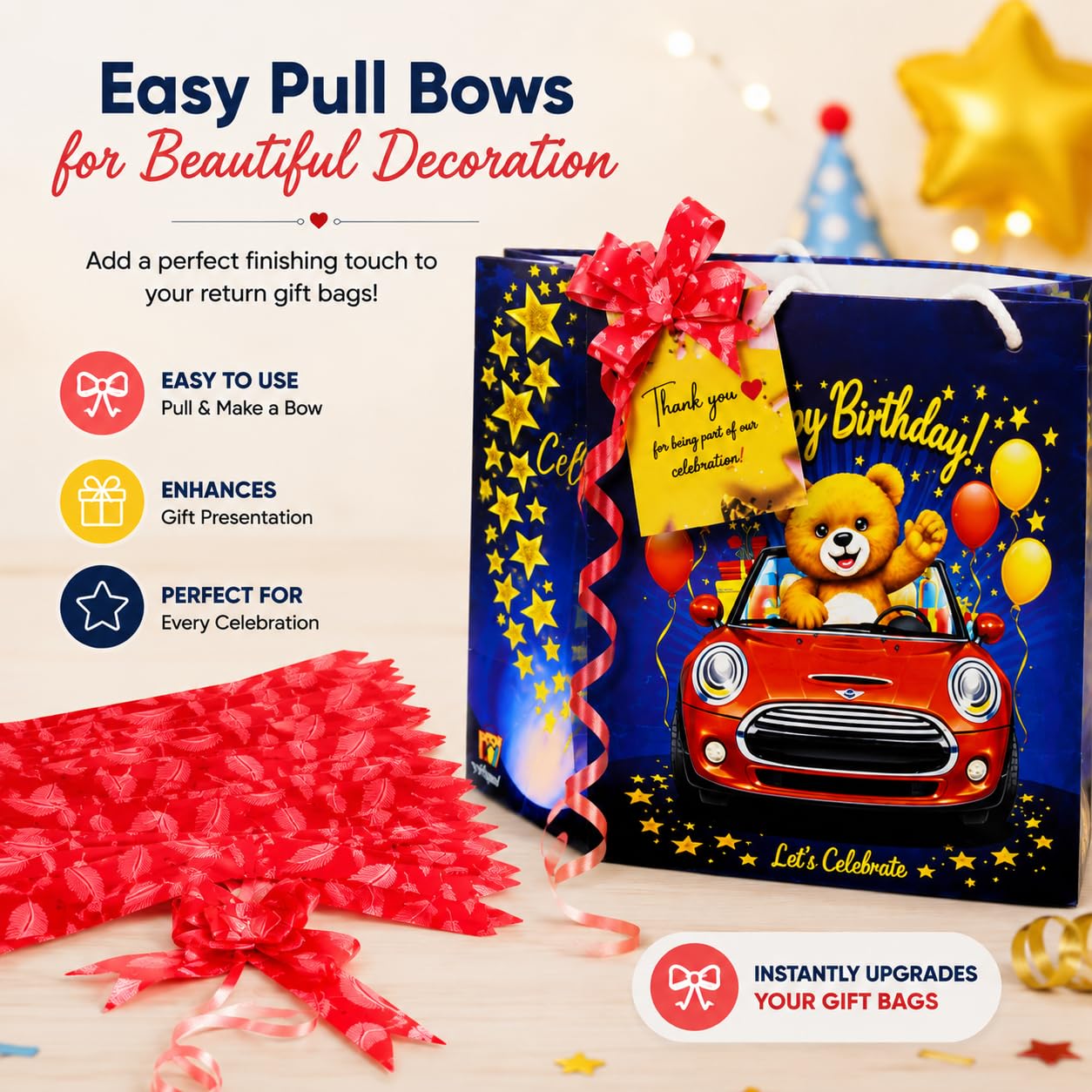 Birthday Return Gift Bags for Kids with Thank You Cards & Pull Bow Ribbon | Teddy Car Theme Party Favor Bags for Boys & Girls | Gift Packing Set for Birthday Celebration 3