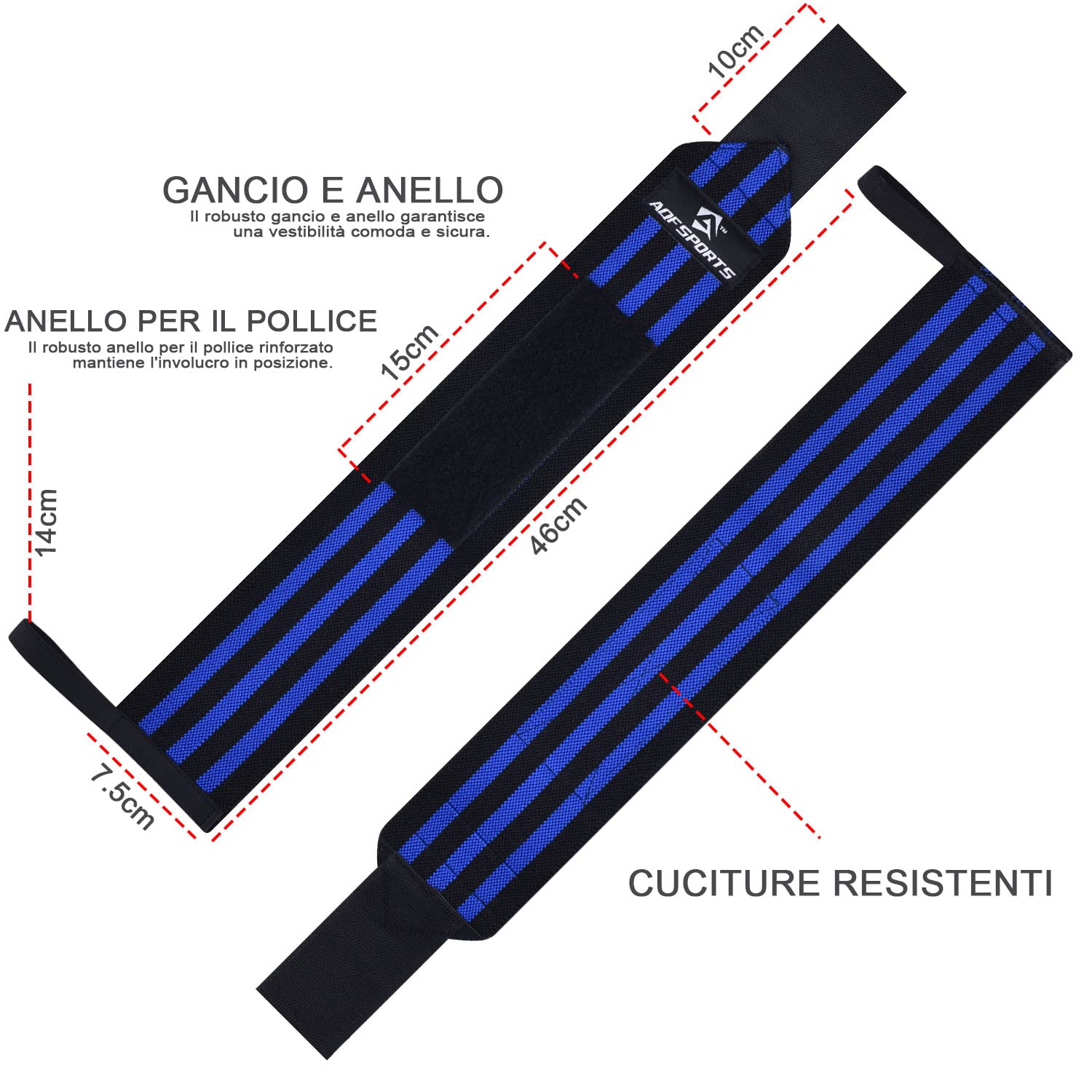 AQF Polsiere Palestra (Set) - IPL USPA Approvato 45cm Polsini Palestra, Gym e Fasce Sollevamento Pesi - Accessori Fitness Tutore Polso con Pollice Loop per Bodybuilding