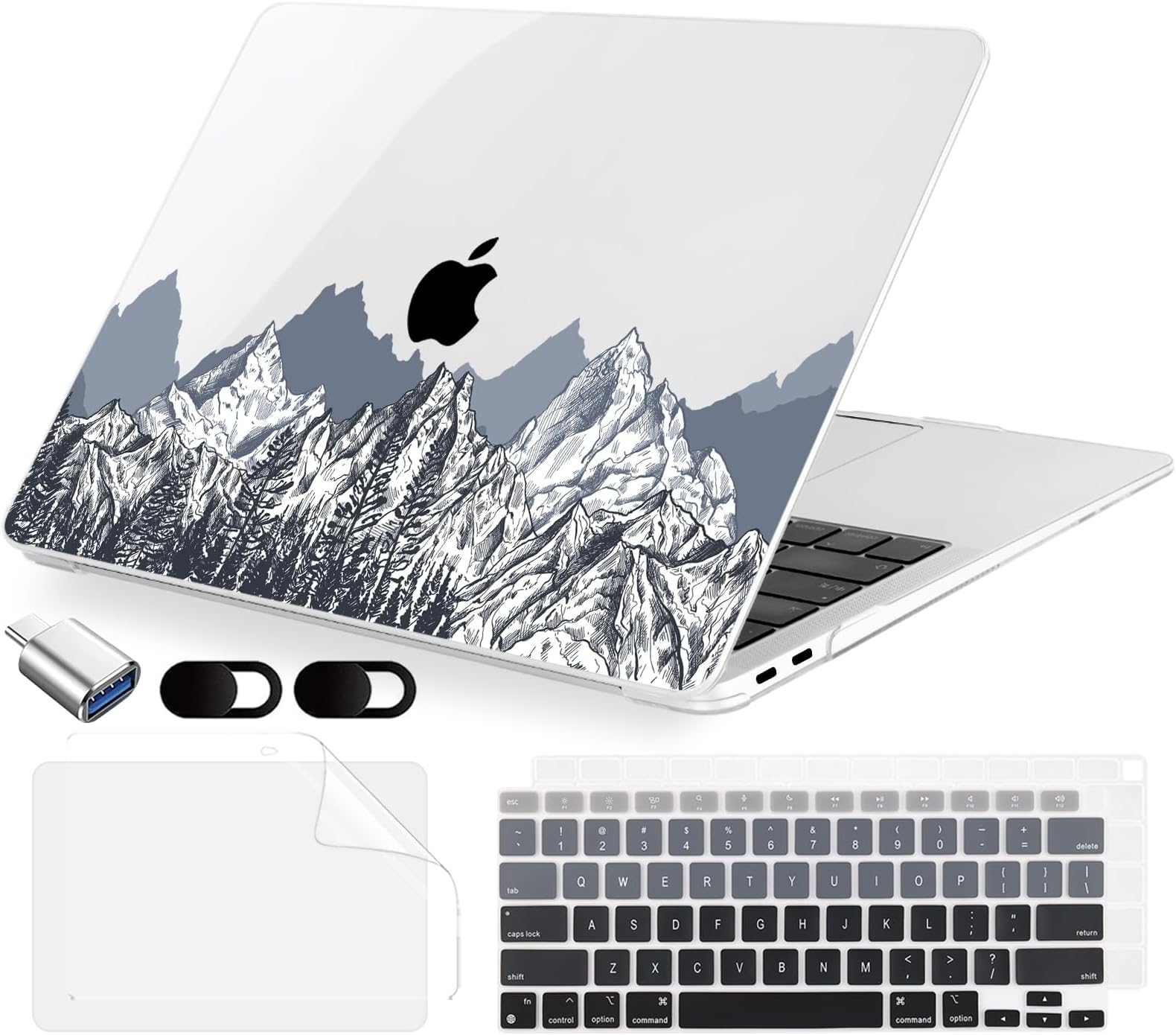 MecBevia Compatible with MacBook Air 13.3 inch Case 2021-2018 Release A2337 M1 A2179 A1932 Touch ID, Plastic Hard Shell&Keyboard Cover&Screen Protector&Webcam Cover&Type-C Adapter, Mountain Sketch