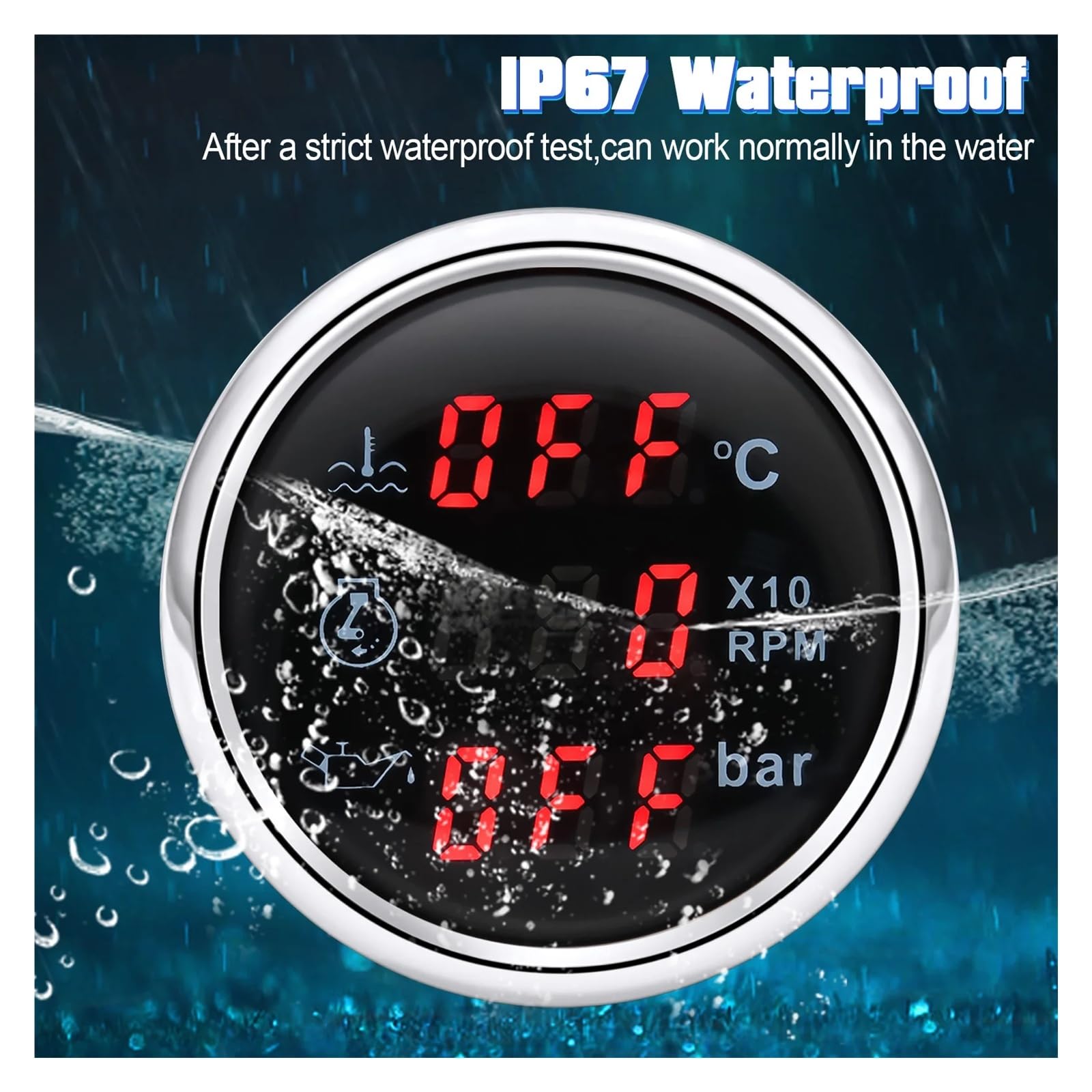 3 IN 1 Auto-Digitalanzeige, 52 mm Öldruck + Drehzahlmesser + Wassertemperaturanzeige mit Alarmtemperatursensor NPT 1/8 U/min-Sensoren Klare Messwerte(Black)