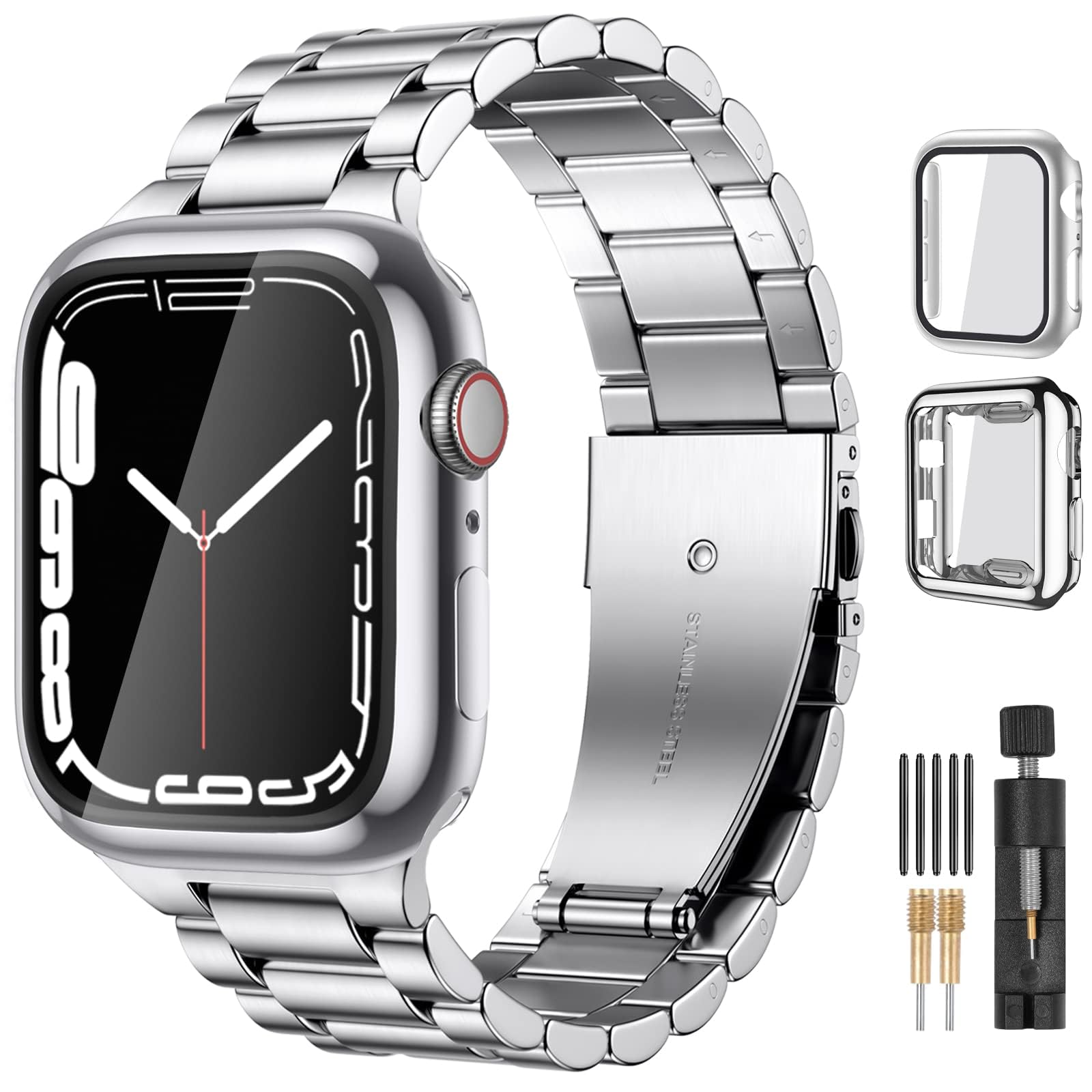 Lerobo Compatible with Apple Watch Band 44mm 42mm 40mm 38mm 41mm 45mm 46m 49mm, Solid Stainless Steel Metal Band with 2 Pack Protective Cover Case for
