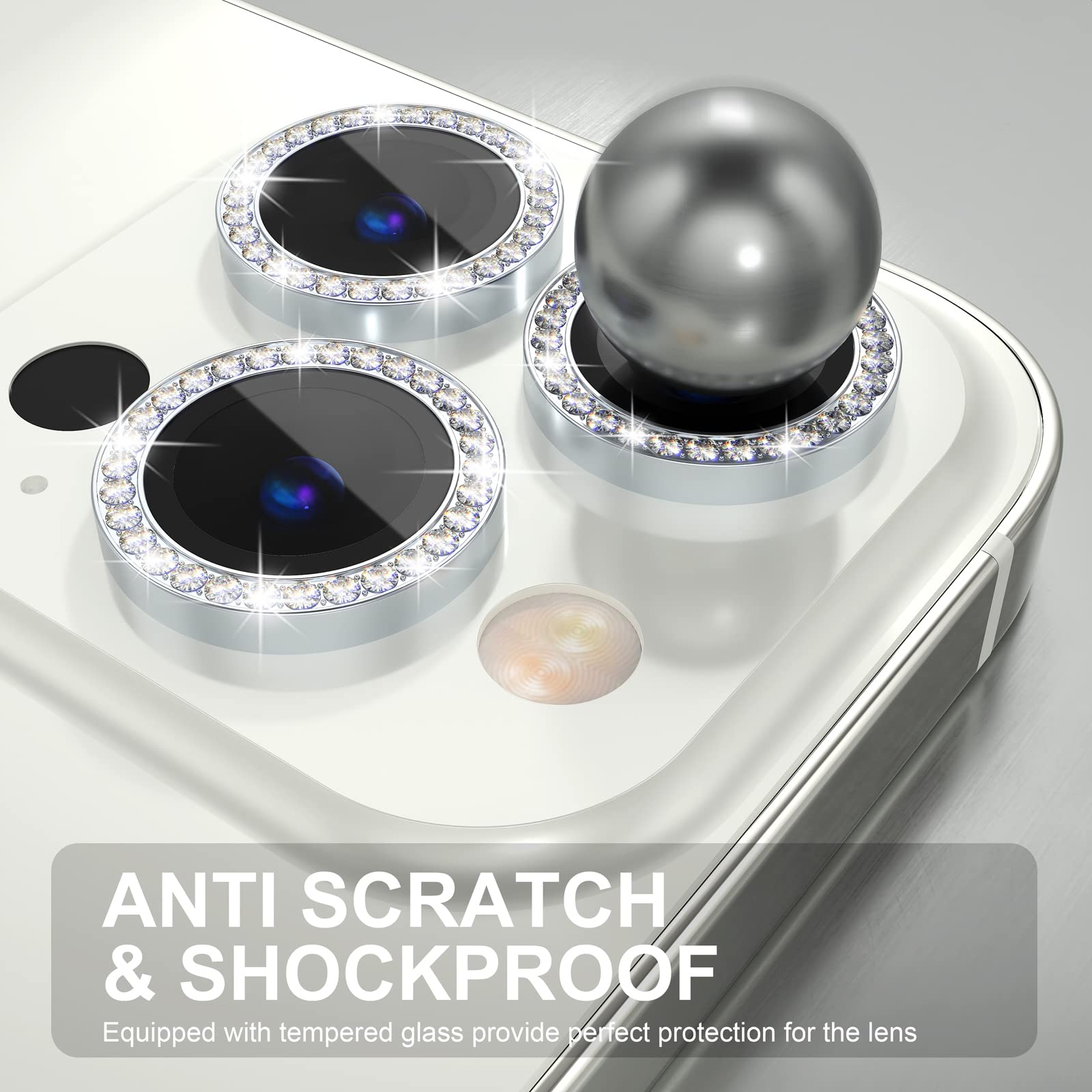 Choiche [3+1] do iPhone 14 Pro / iPhone 14 Pro Max osłona obiektywu aparatu, szkło hartowane 9H, osłona aparatu, ochraniacz ekranu, metalowy pierścień, akcesoria dekoracyjne (diamentowo-srebrny)