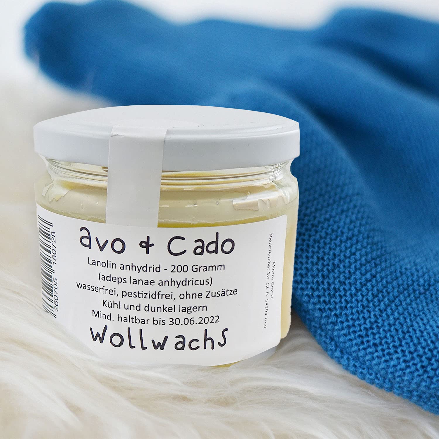 avo+cado Wollwachs 200g im Glas - zur Wollimprägnierung - zum Fetten von Wollwindeln und Wollkleidung - Brustwarzensalbe Creme - 100% reines Lanolin Schafwollfett - Wasserfrei und pestizidfrei