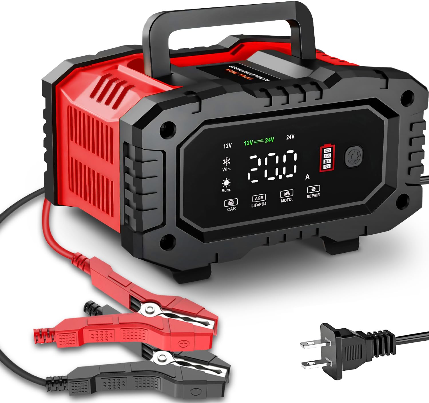 Car Battery Charger 20Amp, 12V 24V LiFePO4 Lead Acid Automatic Smart Battery Maintainer,Trickle Charger Automotive & Desulfator, Repair & Winter Mode w/Protections For AGM STD Gel Deep Cycle Batteries