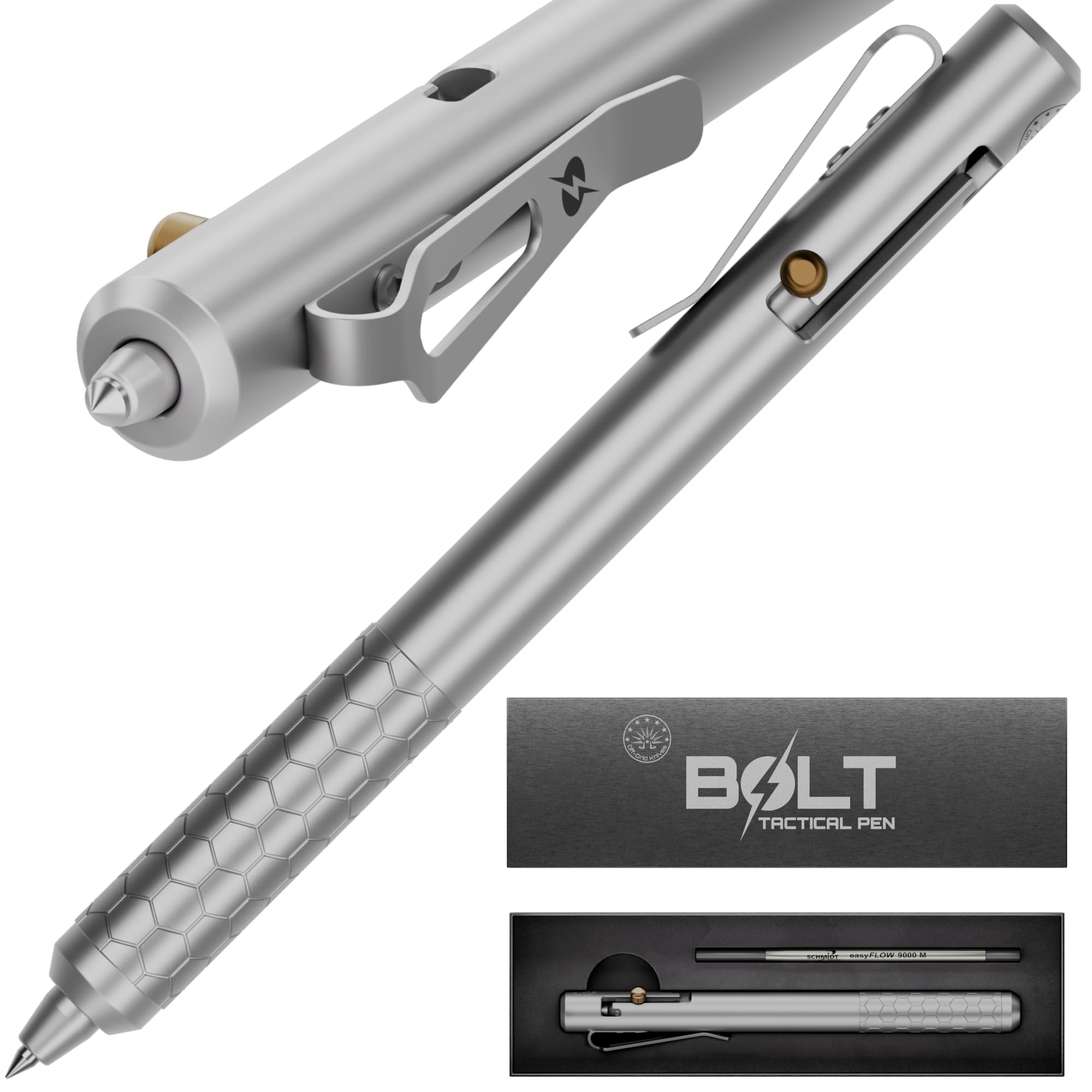 Off-Grid Knives BOLT Tactical Pen with Tungsten Carbide Glass Breaker, Overbuilt Bolt Action XL Writing Tool, Aircraft Aluminum, German Ink, Stainless Steel Clip (Silver)