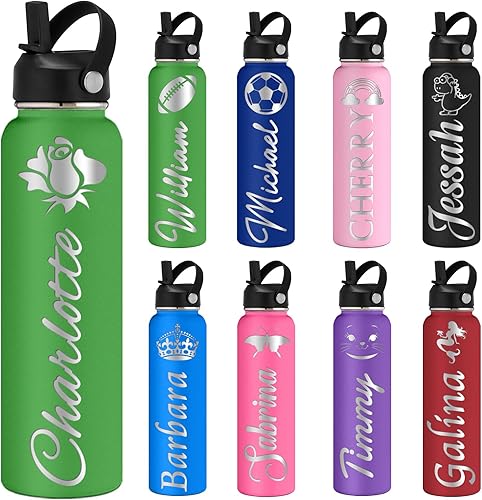 Botellas de agua personalizadas con tapa de pajilla, botellas de agua de acero inoxidable personalizadas de 24 onzas con nombres grabados,