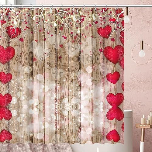 Miniatura 2 de DOTOOMA 72 x 72 pulgadas rojo amor pared lateral de madera femenina cortina de ducha lámpara cuerda bañera suministros primavera día San Valentín