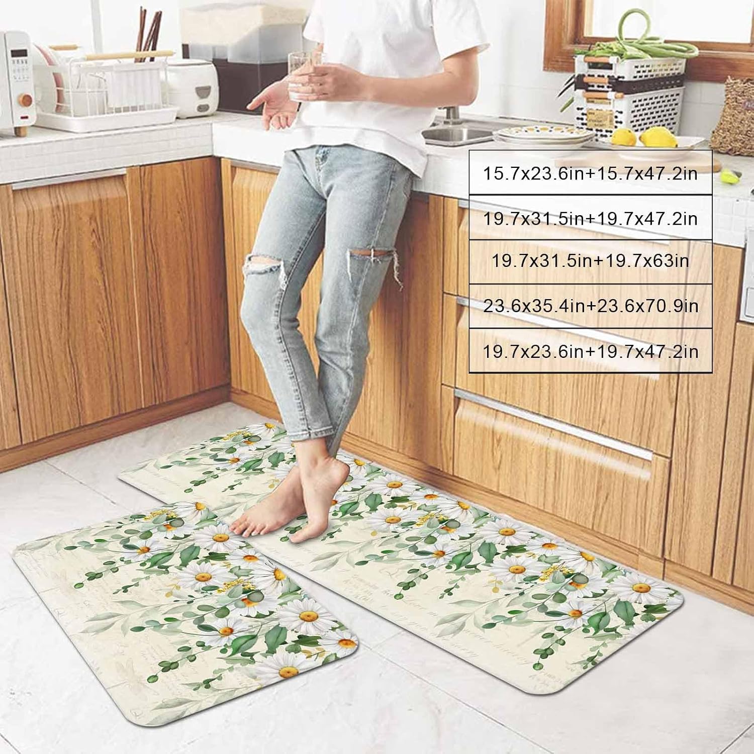 Prime Leader Spring Eucalyptus Leaves Kitchen Mat Set 2 Pieces Country Vintage Green Leaf White Daisy Non Slip Kitchen Rugs Washable Runner Rug Mats for Sink Laundry (19.7" x 31.5"+19.7" x 63")