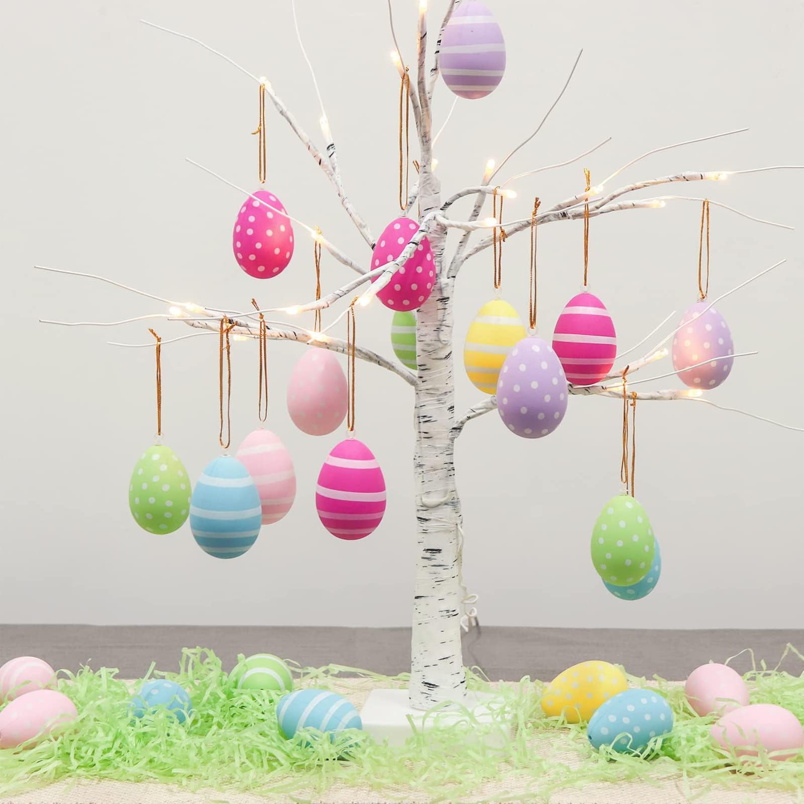24 Uova Di Pasqua Decorative In Plastica Color Pastello Con Cordino - Dimensioni 6x4 Cm, Riutilizzabili Per Albero O Cesto Pasquale