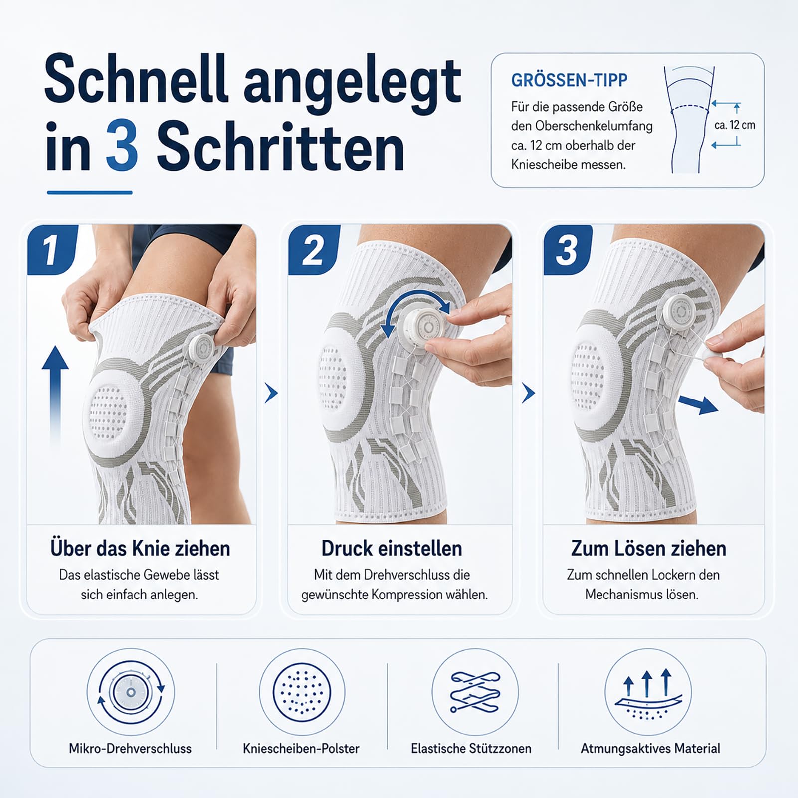 Kniebandage mit Drehverschluss und Patellarschutz, 3D Kompression & rutschfester Halt, verstellbare Kniebandage für Sport, Laufen, Fitness, Training, Arbeit und Alltag, Damen Herren，1 Paar–Schwarz：M
