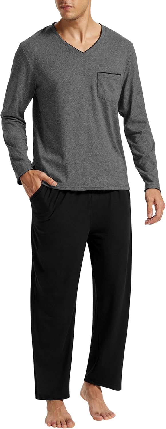 Pajamas for Men & Women Long Sleeve 2 Piece Sleep Lounge V Neck Lightweight Soft Loungewear Sets With Pockets - Image 2