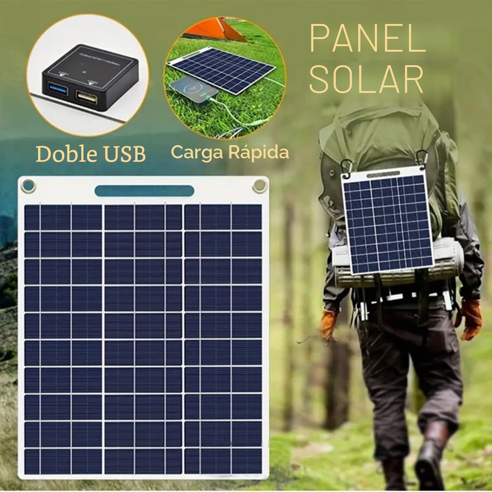Panel Solar de 30 W 5 V para Exteriores, Cargador Solar para móvil, Doble USB Placas solares, Impermeable Placa de Carga Flexible para Senderismo, Camping