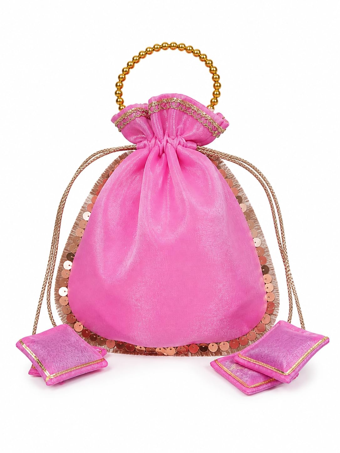 CHAAPO Pink Organza Potli Bag for Women, Ethnic Handbag with Golden Pearl Handle, Sequin & Fringe Work, Drawstring Closure, Wedding Bridal Clutch-image-15