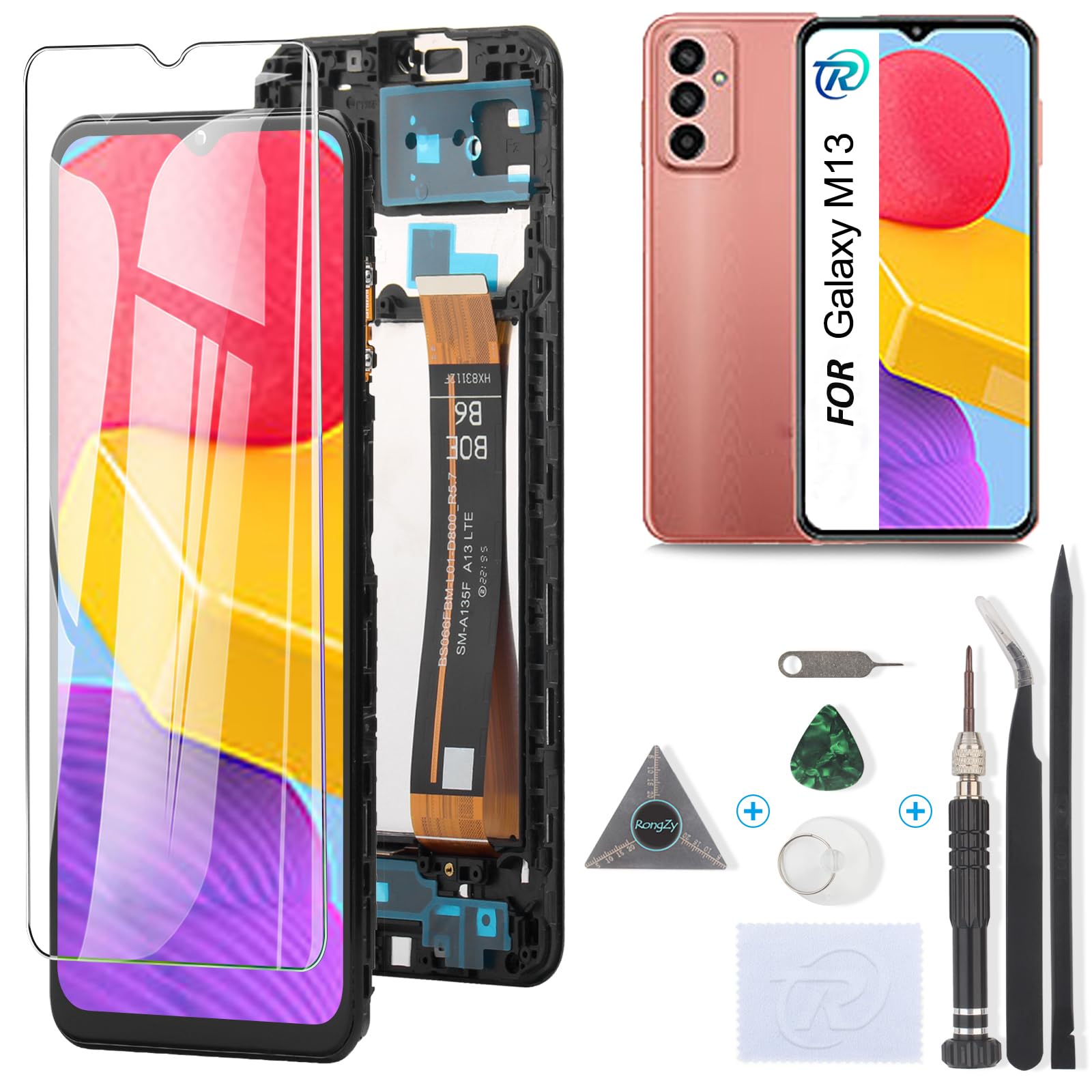 RongZy Pantalla para Samsung Galaxy M13 M135F Pantalla Táctil LCD Kit de Pantalla de Repuesto Ensamblaje Digitalizador de Reemplazo con Herramientas(Neqro con Marco)