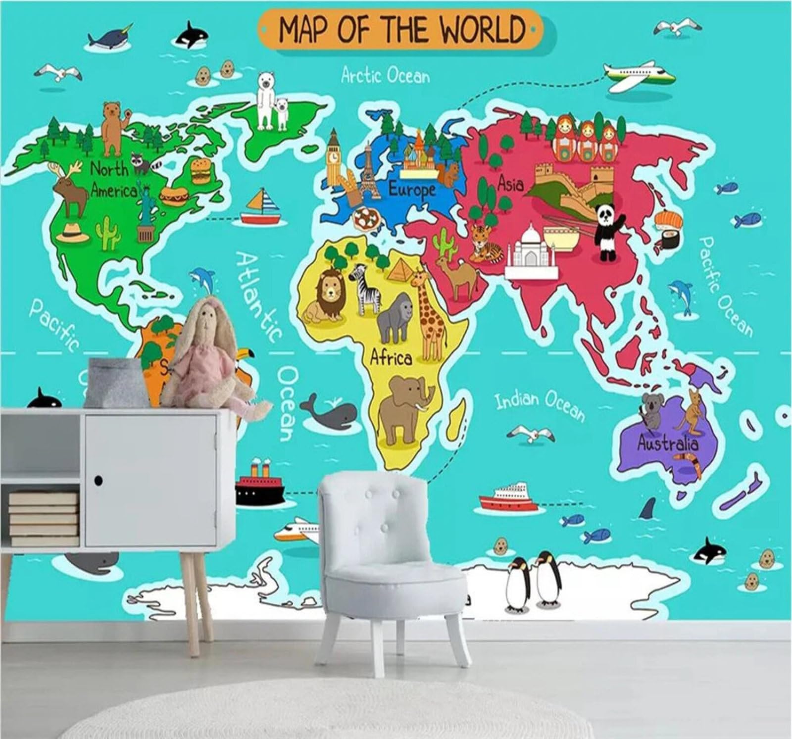 Xlming 350Cm×256Cm(B×H) Minimalist Hand Drawn Cartoon Animals World Map 3D Wallpaper Luxury Silk Study Dining Feature Sofa Grey Bedroom Living Room Tv Decorative Wall-350Cm×256Cm