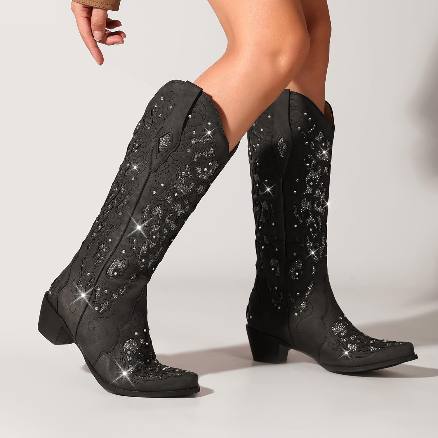 LingxiaUne Cowboy Boots for Women, Mid Calf Cowgirl Boot Rhinestone, Comfortable Chunky Heel Western Boot with Glitter, Sparkle Boot for Dressy Woman - Image 2