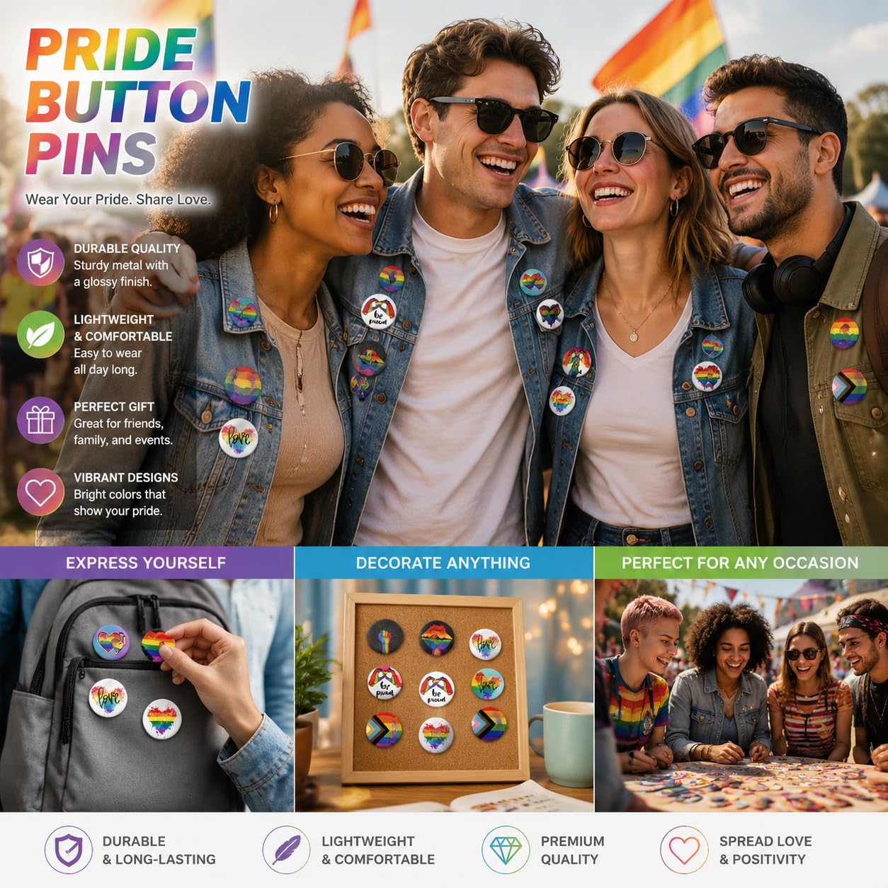Insignias Orgullo Arcoíris 16 Piezas 44MM, Chapas LGBTQ con Puño Arcoíris, Pines Acero Inoxidable