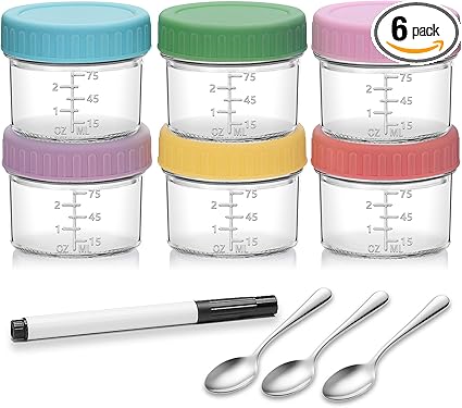 Accguan 6 Pack Glass Baby Food Storage Containers, 4 oz Baby Food Jars with Lids, Baby Food Maker for Microwave & Dishwasher Freezer Safe,BPA Free