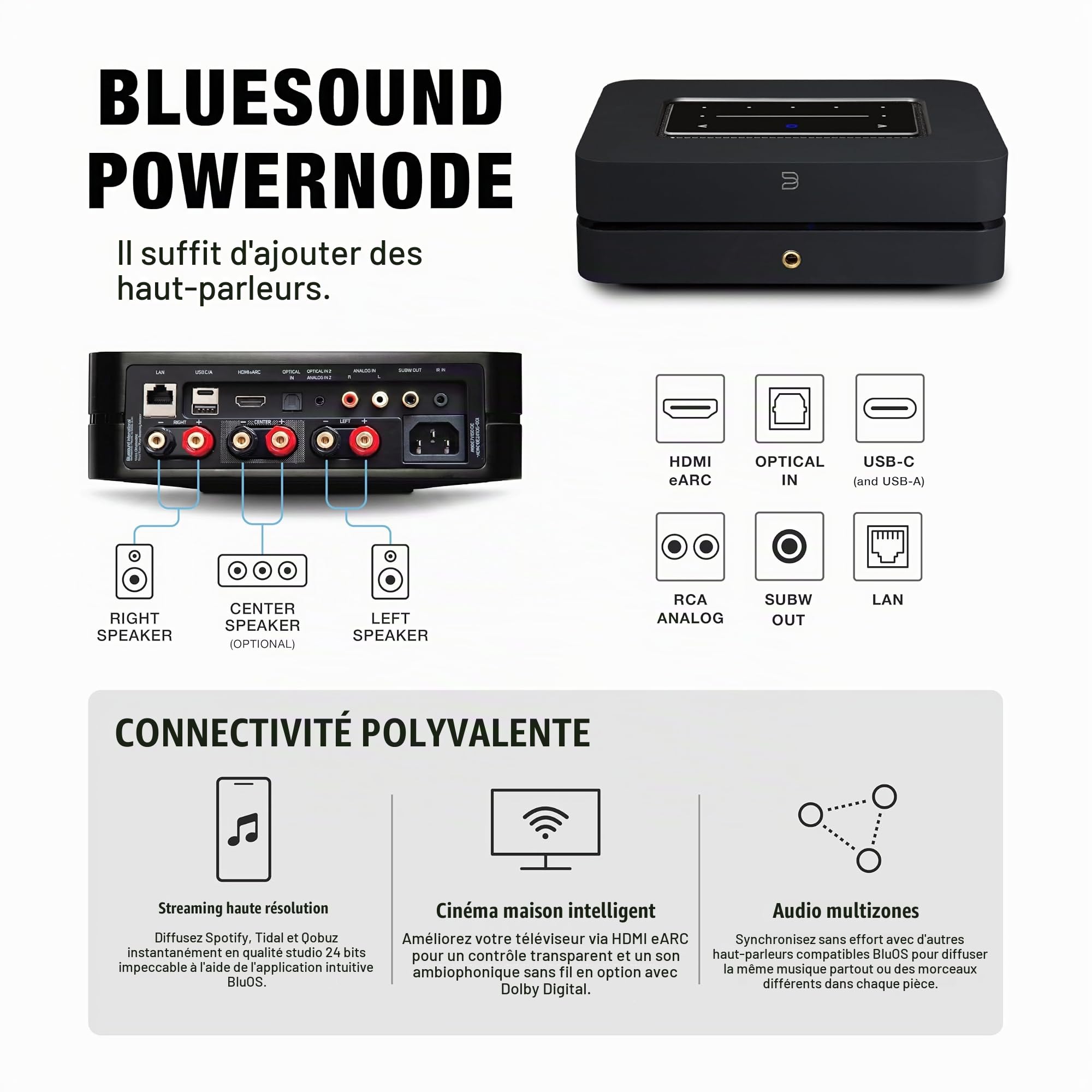 Bluesound Powernode (2025) – Amplificateur de Streaming Musical sans Fil Multi-pièces Haute résolution 100 W x 2 stéréo / 80 W x 3 LCR (8 Ohms) – Noir