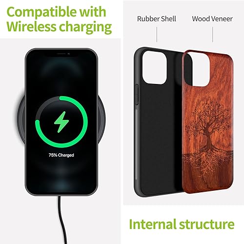 Miniatura 5 de Carveit Funda de madera para iPhone 11 Pro Max madera real dura y TPU suave negro a prueba de golpes, protector de teléfono de madera único