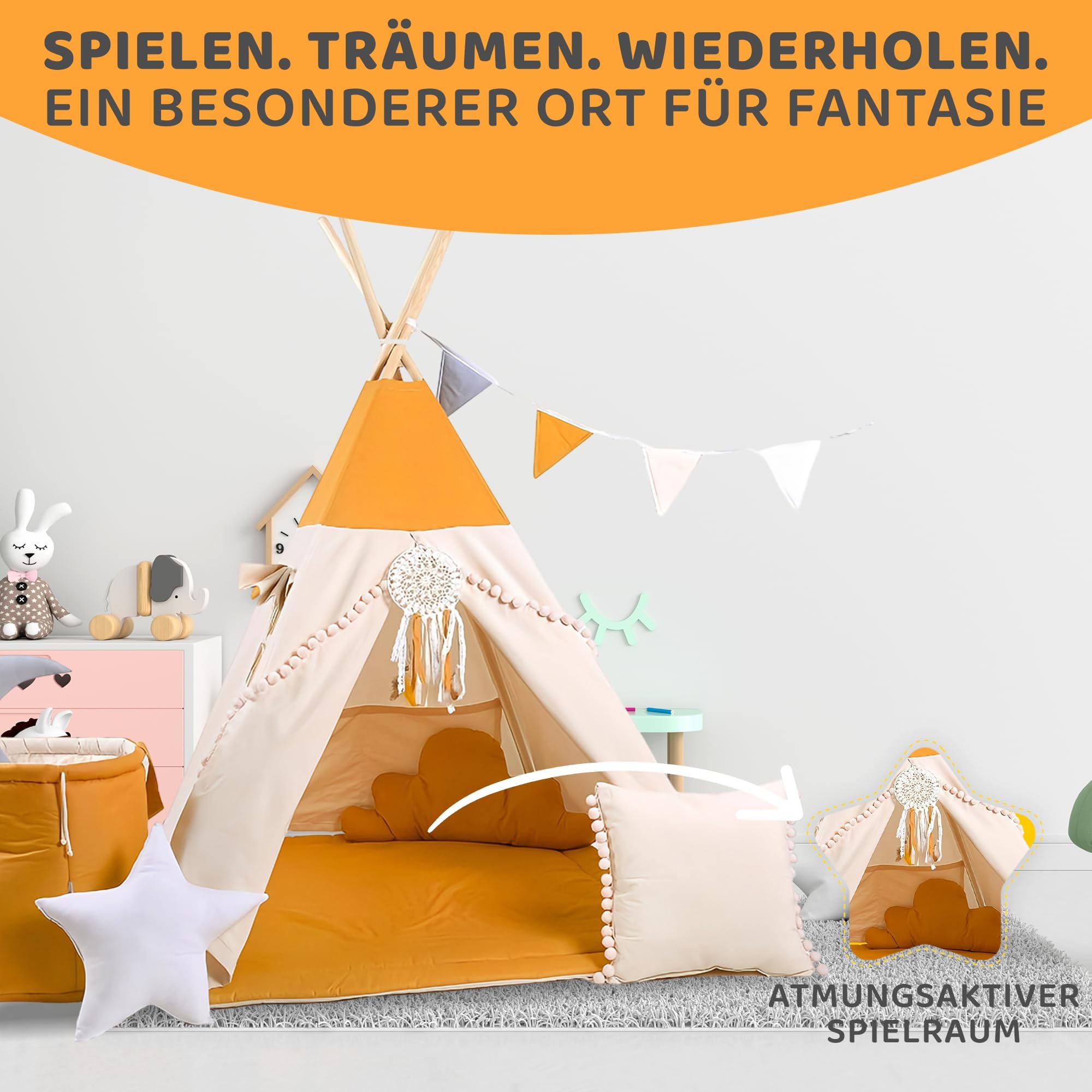 Rainbow Kids Zelt Kinderzimmer | Kinderzelt Indoor & Im Freien Klassisches Baumwolle Leinwand Spielzelt | Perfekte Dekoration Touch | Langlebiges Design- Honigland mit Zubehör