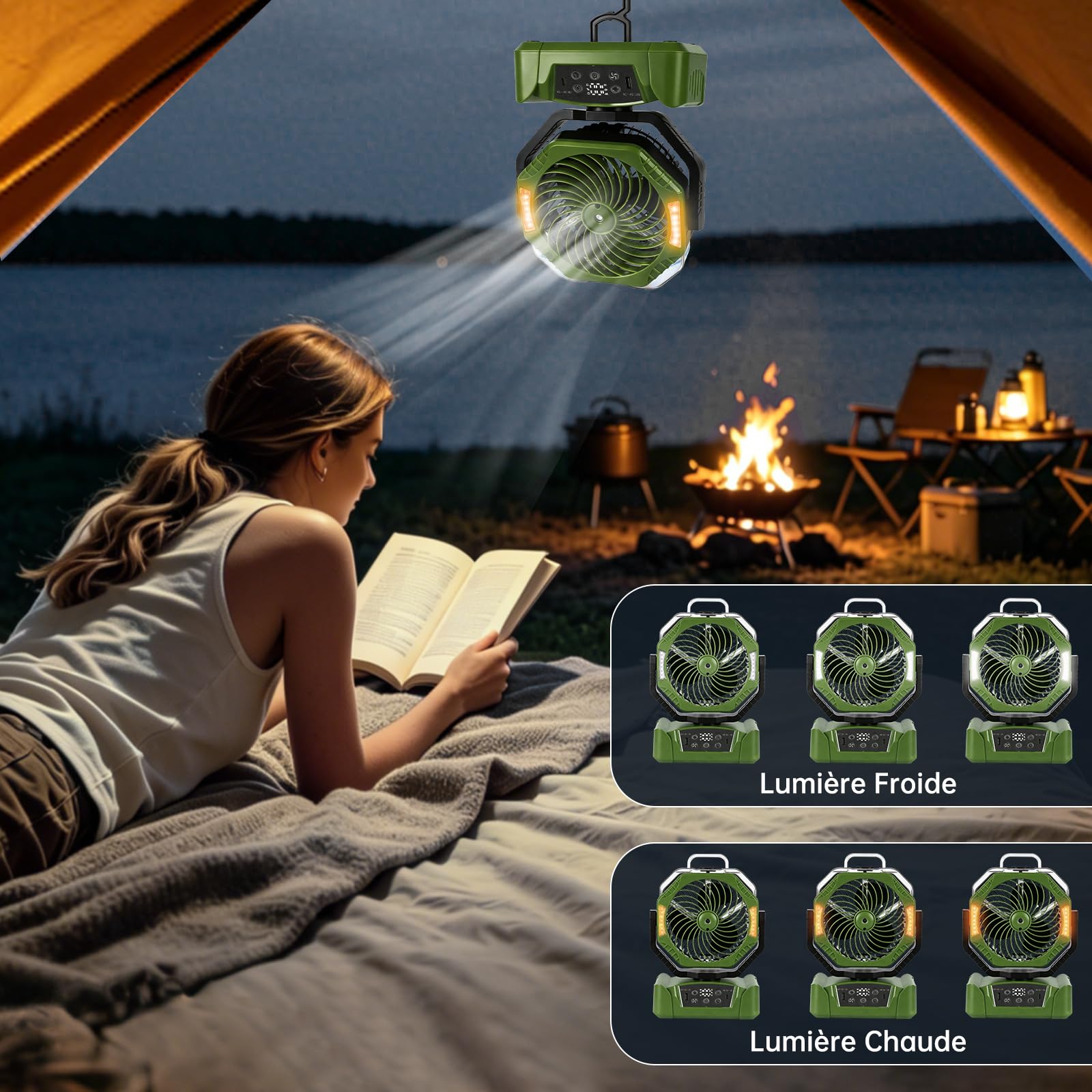 JONRRYIN Ventilateur Camping, Ventilateur Batterie Rechargeable 20000mAh avec Brumisateur, Ventilateur Portable Silencieux avec Lumière, 6 Vitesses & Rotation 270° pour Outdoor & Maison (Vert)