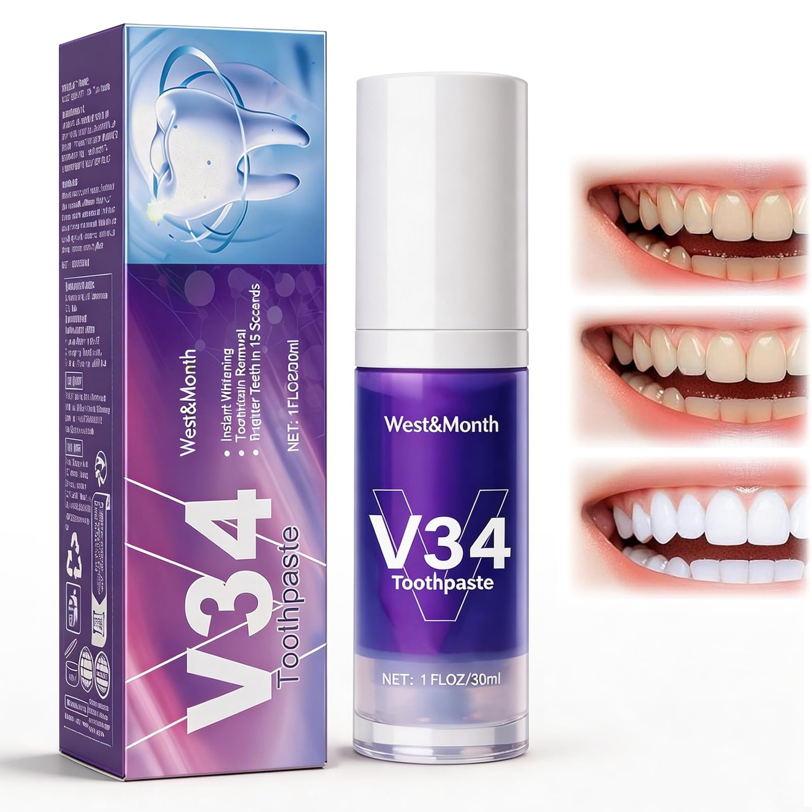 30ml Pasta de Dientes Púrpura Blanqueadora, Pasta Blanqueadora, Dientes Limpios y Brillantes, Proporciona un Blanqueamiento Suave y una Limpieza Eficaz, para una Sonrisa Más Blanca y Luminosa
