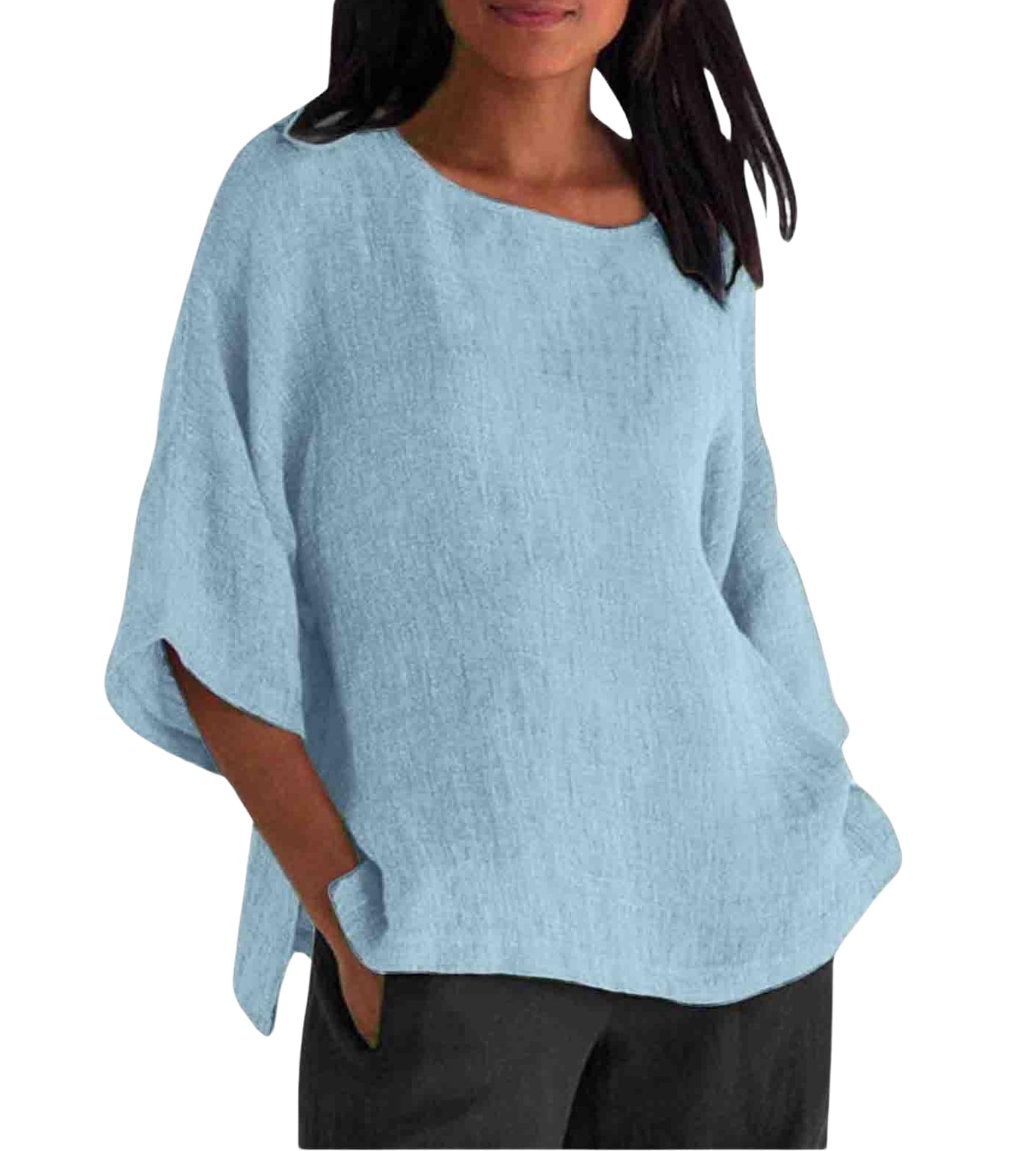 QANSI Women's Spring 3/4 Sleeve Linen Shirts Casual Crewneck Solid Color Tunic Tops Loose Fit Plus Size Vacation Blouses