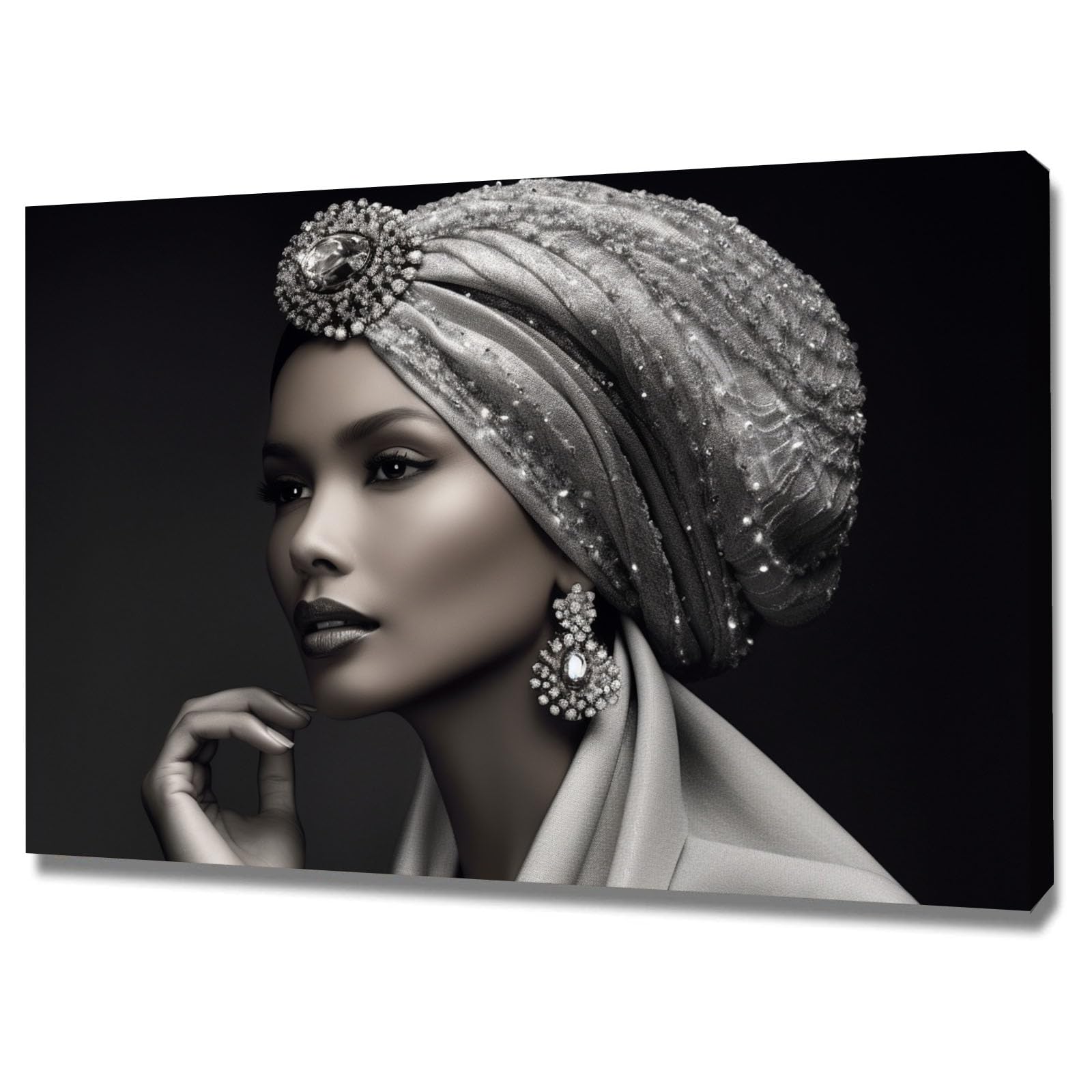 TERUEA Glamorous Art Deco Inspired Woman with Silver Turban and Jewelry Portrait Women Wall Art Canvas Artwork Canvas Art Home Decor Home Wall Decor(Silver)-70x100cm Framed