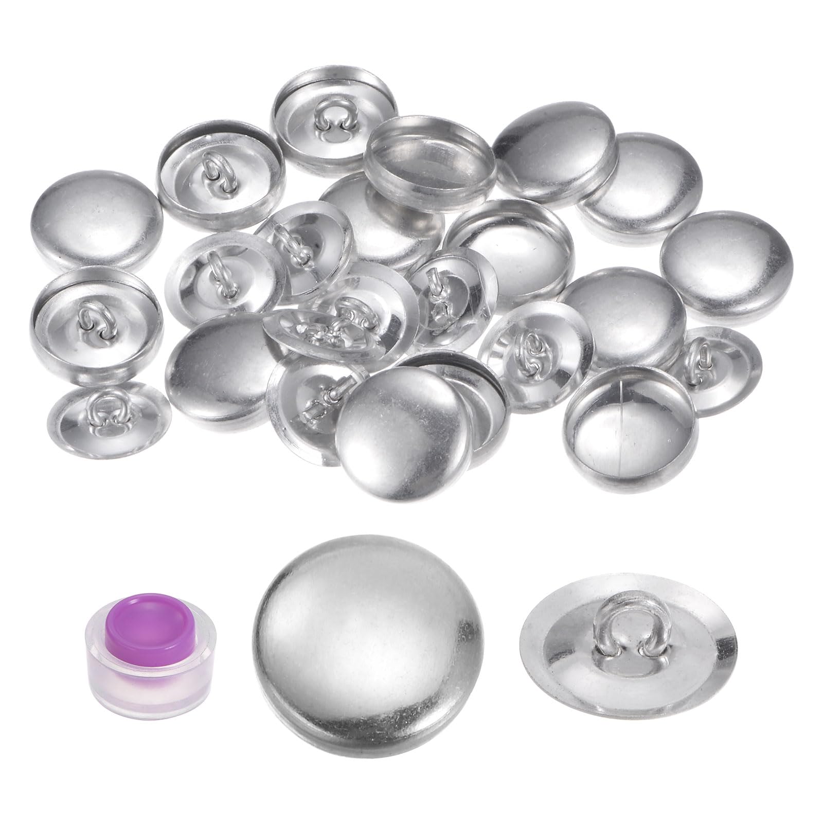 HARFINGTON - Juego de 15 botones autoadhesivos de 24 L, 0,6 mm y 15 mm con respaldo de alambre, de aluminio, para cubrir telas, con herramientas para coser, decorar el hogar y hacer manualidades.