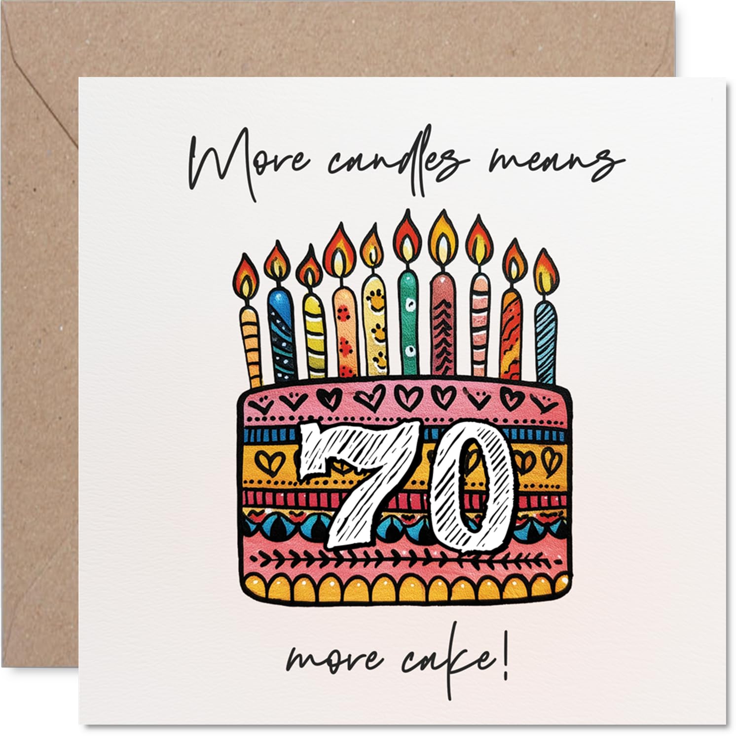 Playful 70th Birthday Card - More Candles, More Cake! - Colourful Birthday Cake and Candles Design - Bright and Cheerful 70th Celebration - 145mm Square, Envelope Included