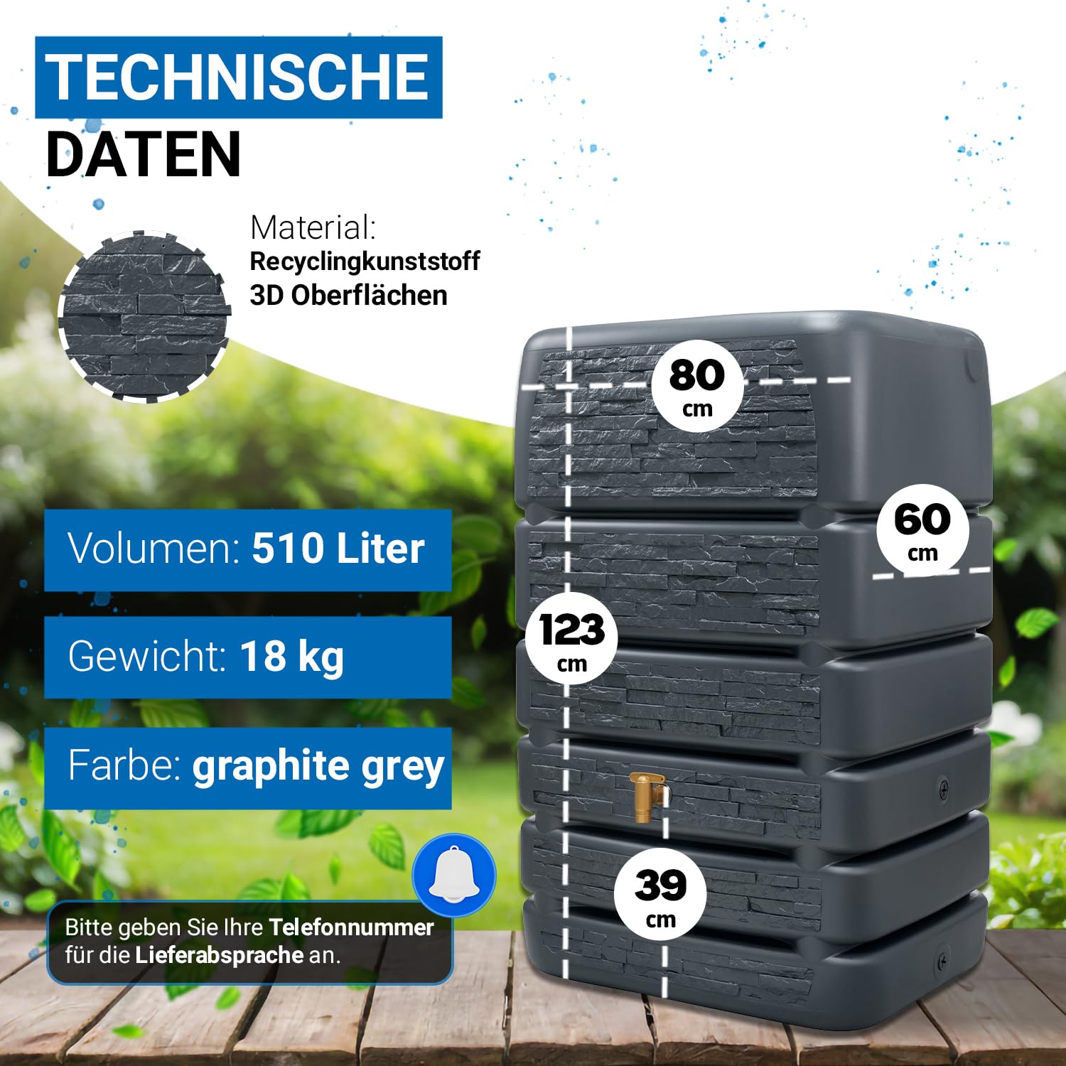 4rain Slim Stone Decor Regentonne Mauertank 510 Liter Graphite Grey - in Steinoptik und Anthrazit - Regenwassertank für den Außenbereich - praktischer Wasserbehälter zur Gartenbewässerung am Haus