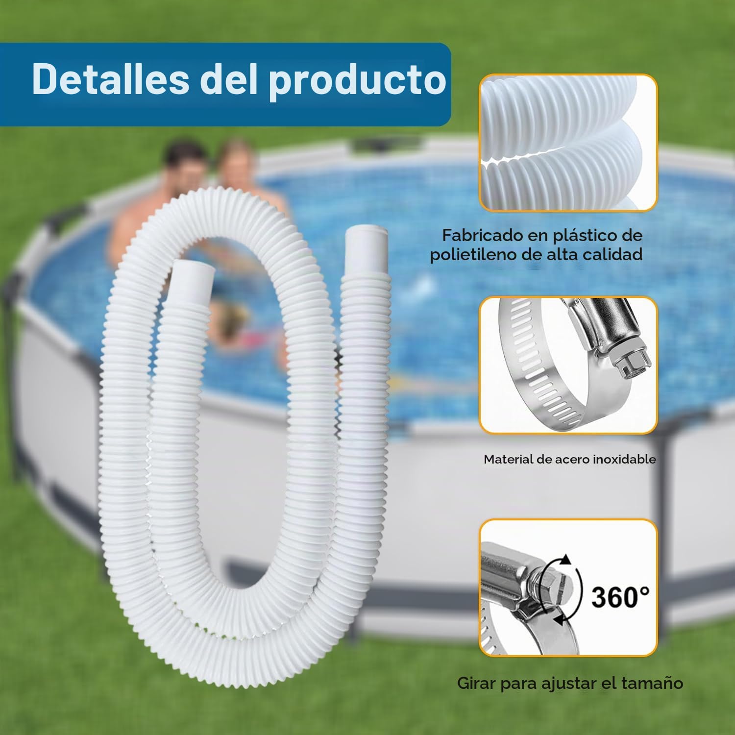 Manguera 32mm Piscina 2 Pezzi Tubo Piscina Manguera de repuesto con 4 Abrazaderas de Metal para Piscinas ElevadasCon adaptador de manguera de 32 mm(150CM) | 150 cm Manguera de repuesto para piscina Intex 330, 530 y 1000 GPH