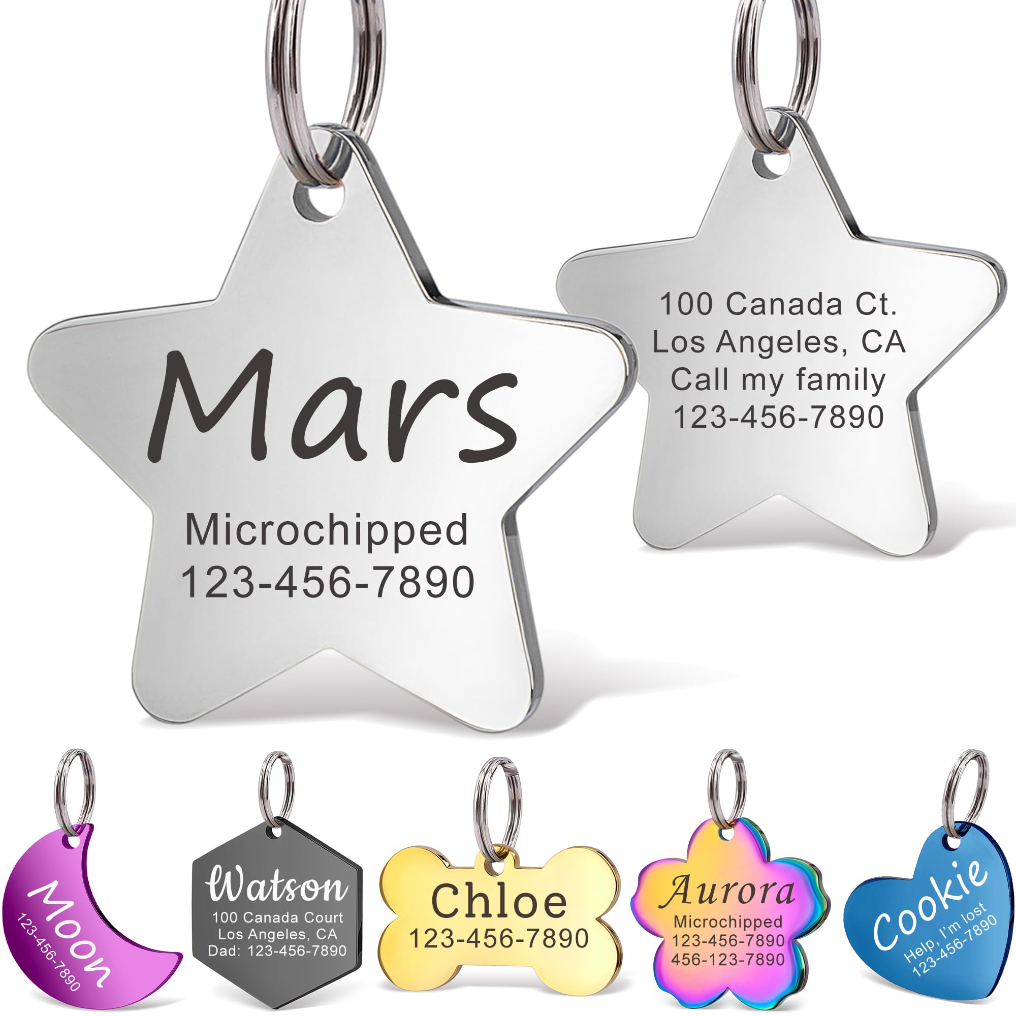 Anavia Personalized Pet ID Tags, Stainless Steel Glossy Laser Engraved Dog Cat Collar Name Tags, Multiple Colors Shapes Sizes (Star, Small)