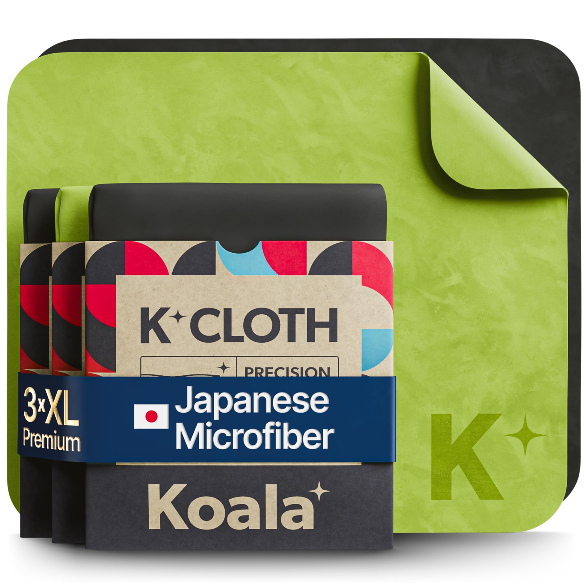 Koala Lens Cleaning Cloth | Japanese Microfiber | Glasses Cleaning Cloths | Eyeglass Lens Cleaner | Eyeglasses, Camera, VR/AR Headset, and Screen Cleaner | Black & Green (Pack of 3)