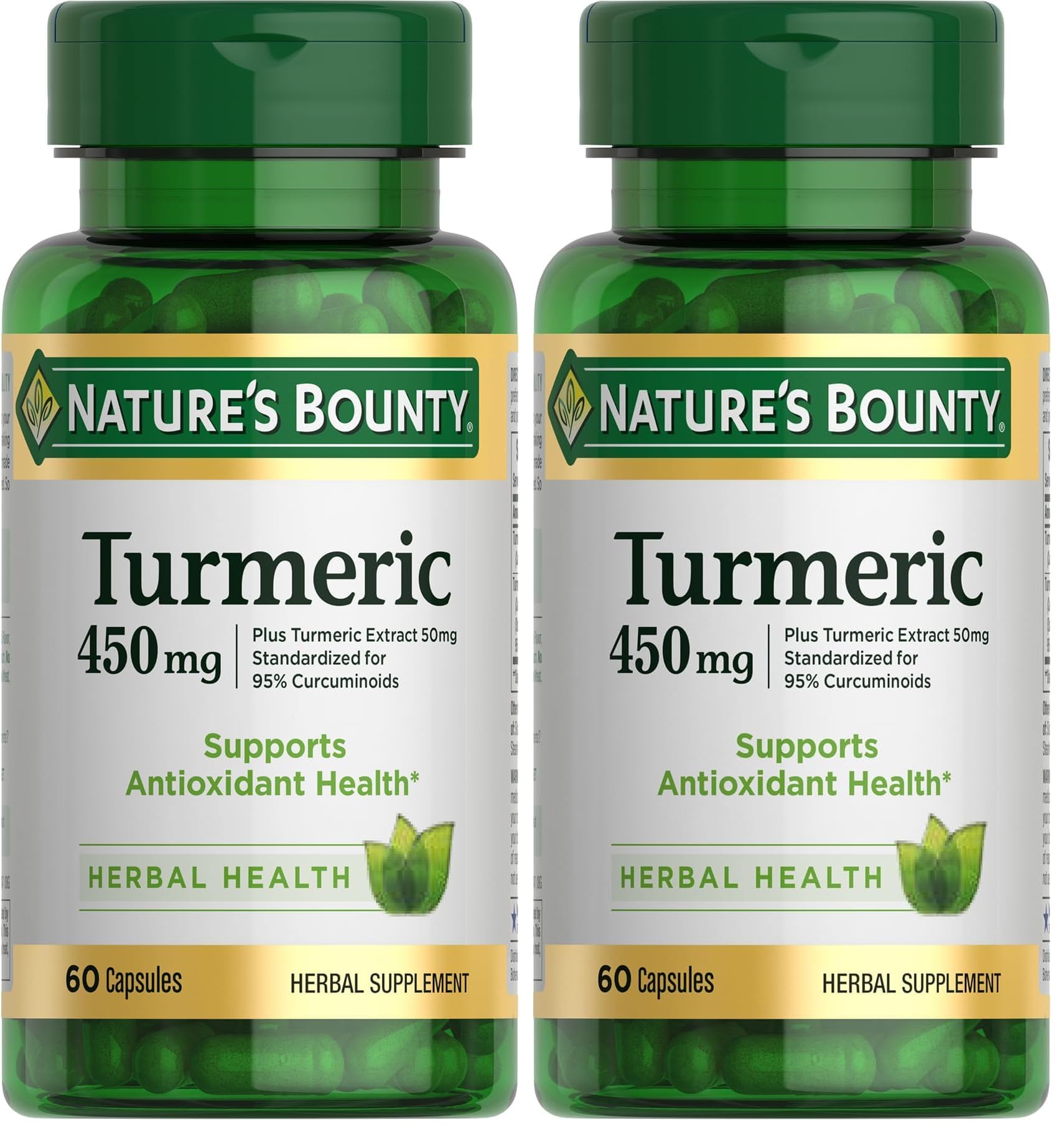 Nature's Bounty Turmeric Capsules, Herbal Supplement with Plant-Based Antioxidants, 450 Mg, 60 Count (Pack of 2)