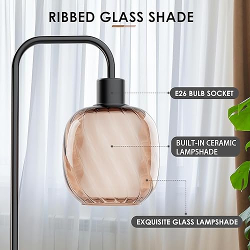 Miniatura 3 de Lámparas de pie de vidrio para sala de estar, lámpara de pie moderna con pantalla de vidrio acanalado de cerámica y dorado champán, interruptor de